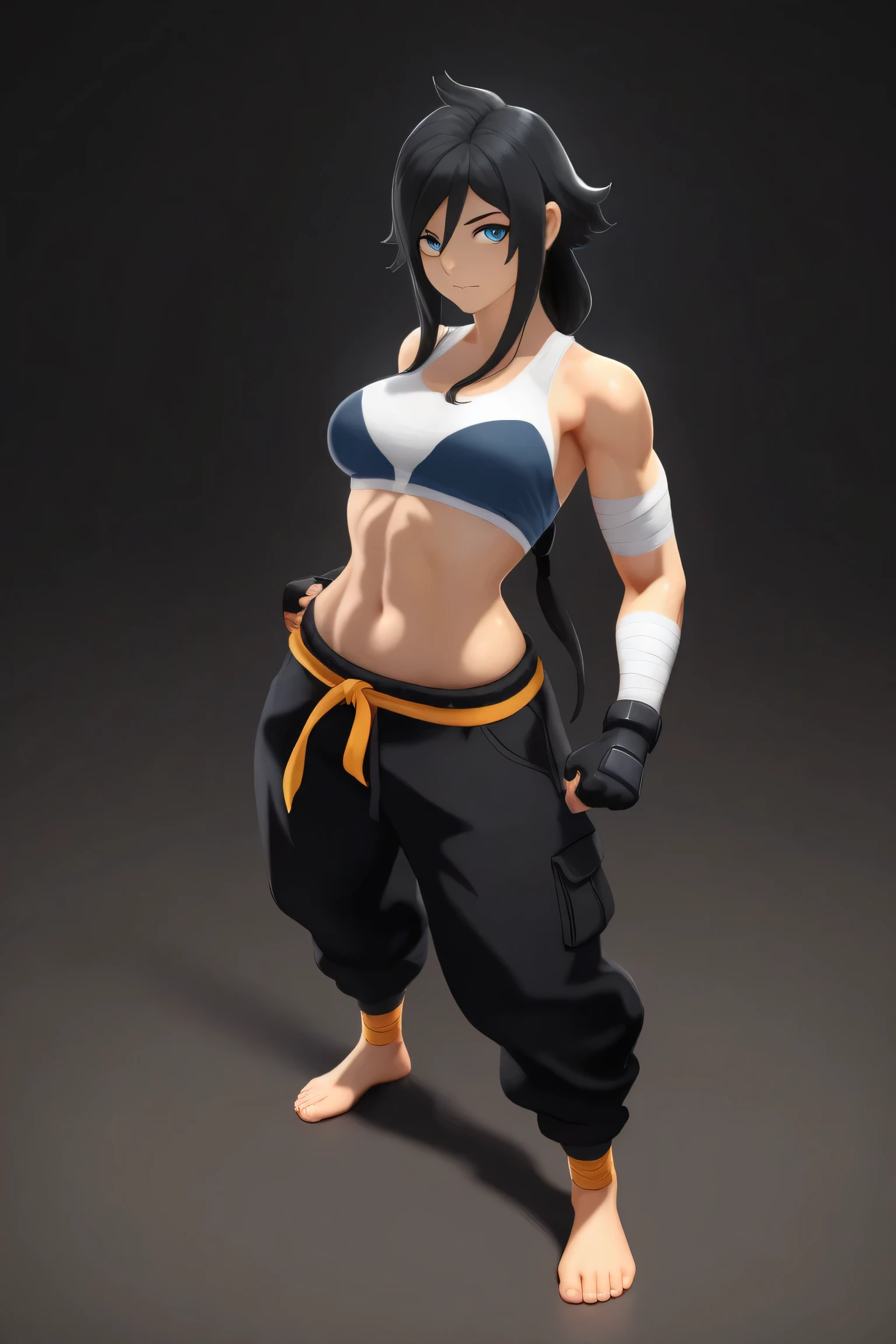 The character in the image is an animated figure with a vibrant and dynamic design. The individual has an athletic and toned build, emphasized by her costume, that includes a white blouse that reveals your belly. Her pants are large and loose, colored in vivid blue, giving a sense of movement and freedom. The accessories include arm bandages, fingerless gloves with a notable pale yellow accent, and ankle bandages, suggesting a martial arts theme. The long flowing black hair, partially tied back, increases the energetic behavior of the character. The lighting is clear and flat, sem sombras, indicative of a digital or cartoon style. The overall composition exudes confidence and readiness, , normally associated with an archetype of warrior or fighter in animations works, (corpo inteiro )