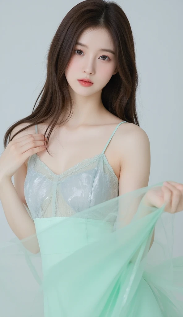 ((((top-quality))))、(((Ultra Precision CG16K Wallpapers)))、(((​masterpiece)))、(((ultra-detailliert)))、(((Ultra-extreme details)))、１Man Woman、a matural female、a 25yo woman、((Korean Face))、((extremely beautiful face))、((sasaki nozomi:1.5))、((Wave Perm、semi long hair:1.3))、(shinny hair)、Bangs up to the eyebrows、Beautiful brown hair、Beautiful delicate eyes、Brown eyes、raised eyebrows、lofty nose、small nostrils、Small mouth、seductive lips、slightly open mouth、Beautiful breasts、C-cup size breasts、cleavage of the breast、Plump body、perfectly proportions、perfect anatomia、perfect-composition、beautiful detailed shading、Beautiful natural lighting、Beautiful detail glow、depth of fields、(((a high chroma)))、(((realisitic:1.9)))、((Vivid:1.4))、((Beautiful skin))、((Skin texture))、((Realistic skin feeling))、(((Head-to-thigh shot:1.5)))、((birdseye view:1.5))、((a smile:1.5))、(Eyes looking at me)、Bright sunshine、(((Fall on your back on the bed:1.8)))、(supine pose)、(((Mint green color see-through lace nightgown clothing:1.8)))、((Choker wearing))、((2 arms、2 legs:1.5))、