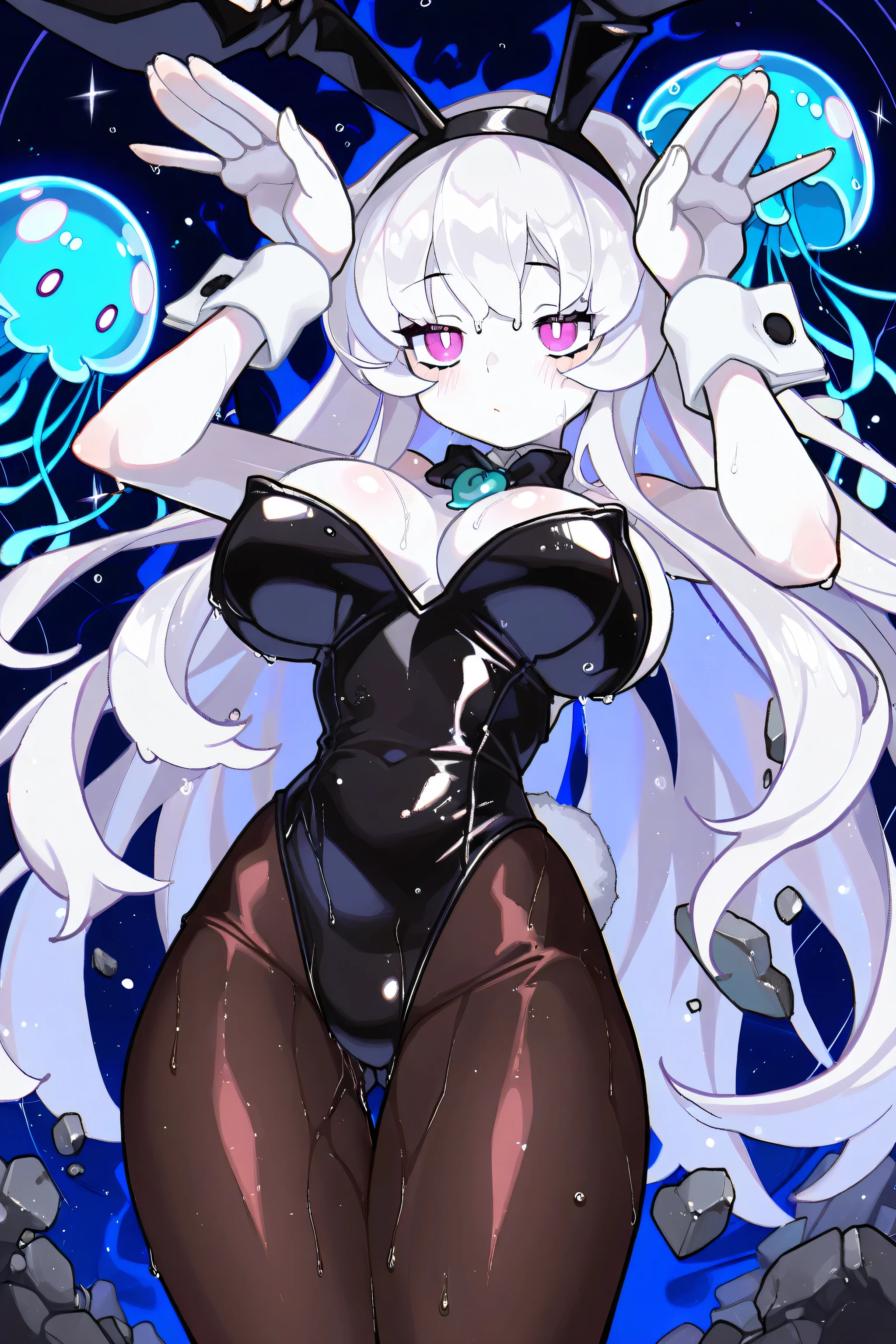 kmj-anonstyle, [artist:yoneyama mai], [artist: ekrea_jan], masterpiece,best quality,amazing quality, 748cmstyle, solo, eye focus, Gashi-Gashi, kmj-anonstyle, FuggaMr,  [artist:yoneyama mai], [artist: ekrea_jan], masterpiece,best quality,amazing quality, 748cmstyle, solo, eye focus, best image quality、high resolution、 GalaxyWhite hair、white eyes、、beautiful breasts、 best thighs、navy blue Aura、 long hair、Highest Image Quality、floating rubble、black bunny girl clothes、black tights、Machine Eyes、white skin、Straight face、Waking up、Bedhead、wet body、diagonal、Puzzle &amp; Dragons、wet skin、wet hair、Magatama、sea、Big Breasts、Jellyfish、Jellyfishの触手、cover、bunny pose、illustrations、PIZURI、Ketupaka