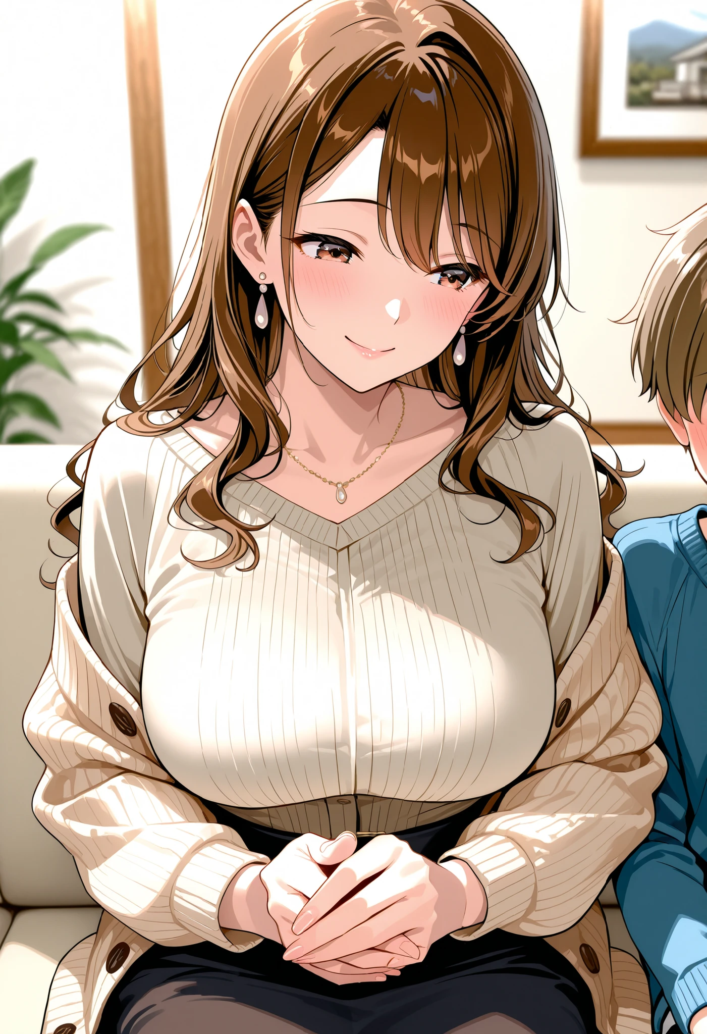 beautiful woman　30 years old　married woman　mature woman　Japanese woman　glamour　brown hair　loose wavy hair　Put your hands on the couch　living room　Cardigan　happy expression　sitting side by side　hug each other　Close contact and hug　young boy