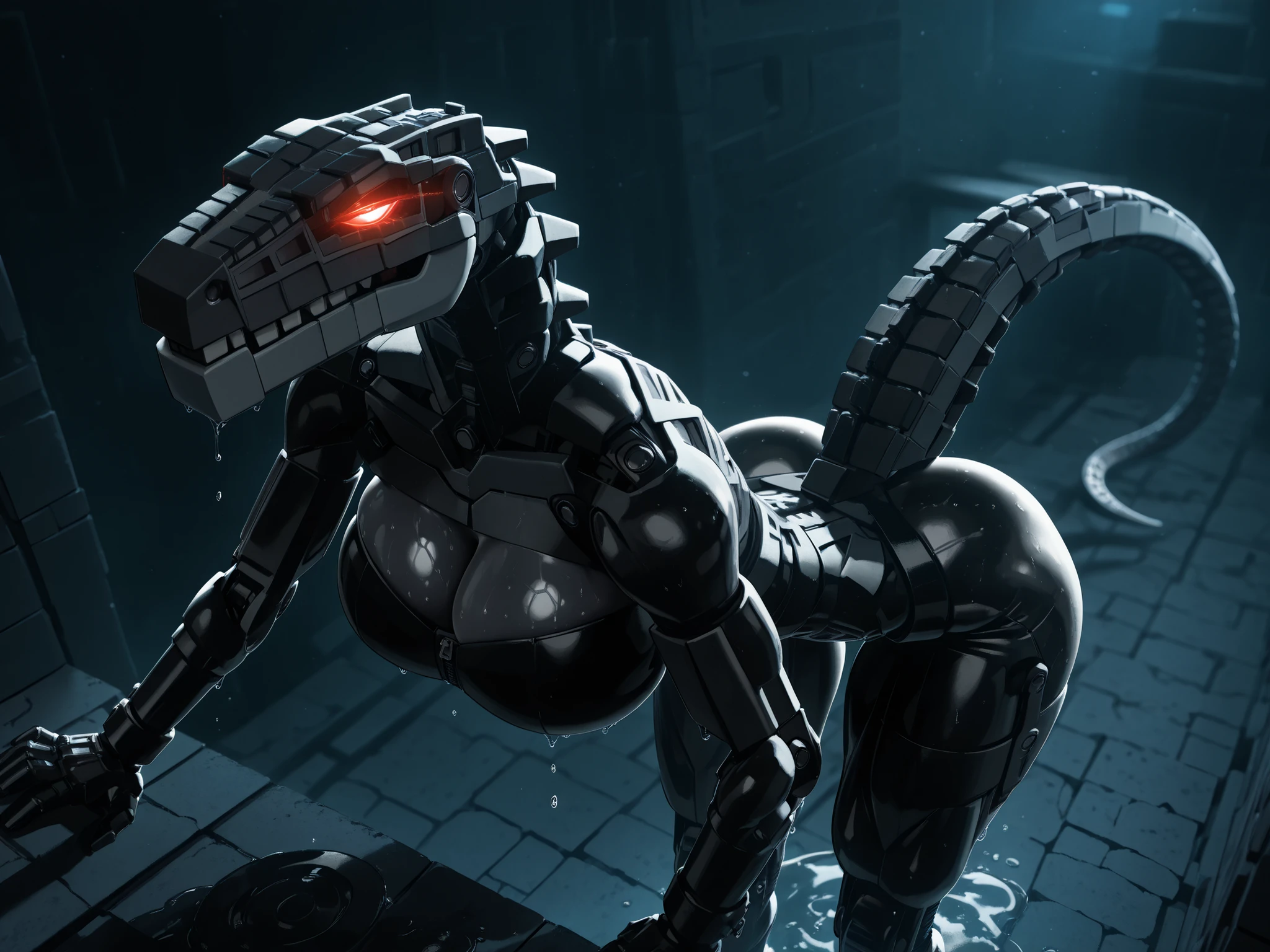 l3g0, masterpiece, best quality, amazing quality, very aesthetic, high resolution, highly detailed, high quality, krekkov style, score_9, score_8_up, score_7_up , solo, muscular, roodaka, bionicle, anthro, dinosaur, lidded eyes, annoyed, glowing eyes, seductive pose, abs , breasts exposure, narrow waist, shiny body, metallic body, oiled body, jewelry, clothed, standing, massive breasts, massive thighs, massive ass, sweaty, dripping, tail, bent over, arched back, cinematic angle, cinematic lighting, from above