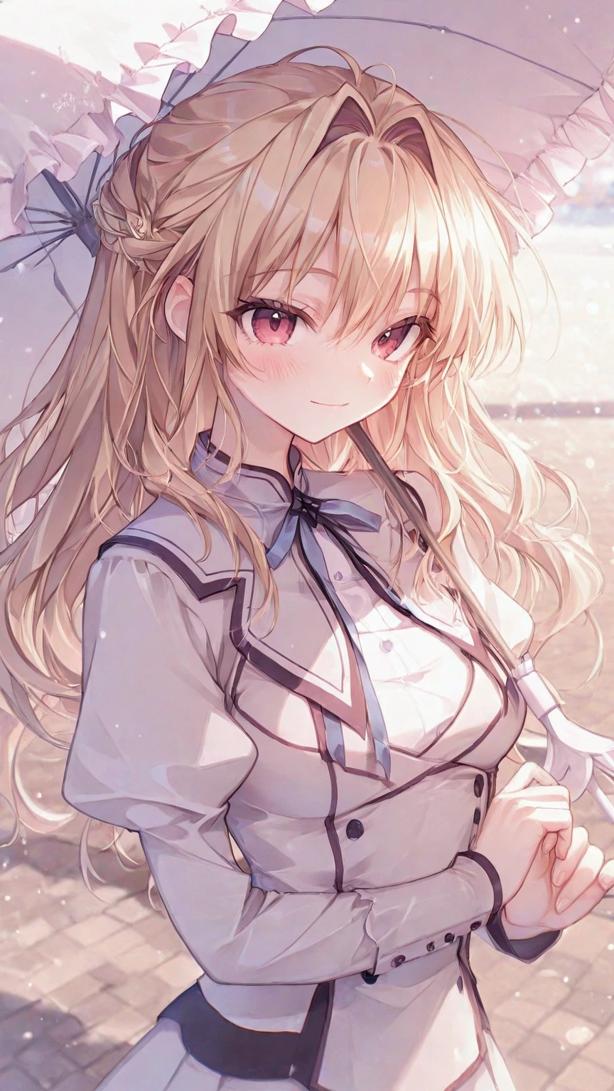 masterpiece, best quality, highres, 1girl, solo, long hair, blonde hair, two side up, (hair ribbon:1.1), blue eyes, neck ribbon, , white jacket, juliet sleeves, long sleeves, white skirt, thigh ribbon, black thighhighs, outdoors, cowboy shot, standing,