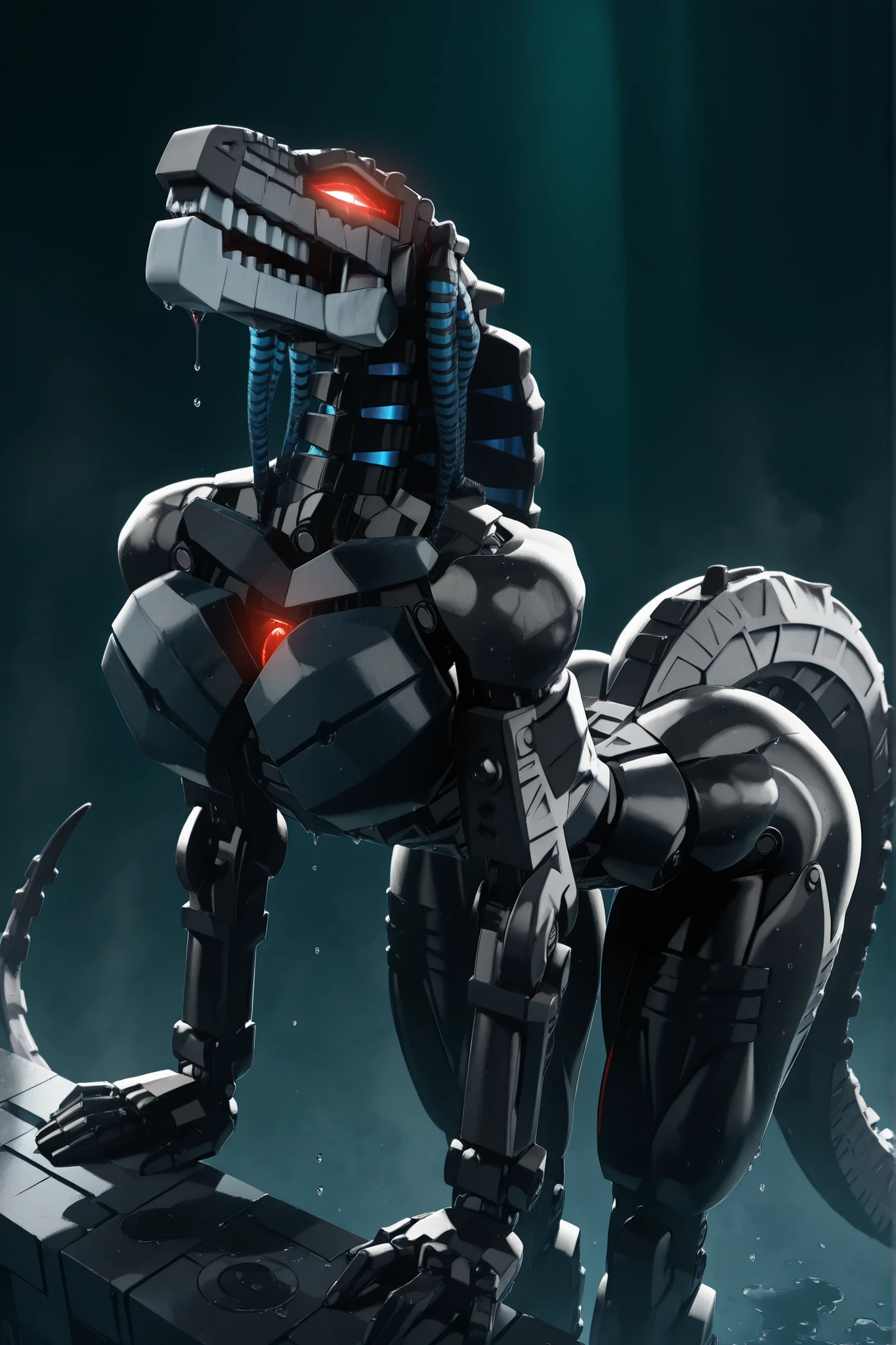 l3g0, masterpiece, best quality, amazing quality, very aesthetic, high resolution, highly detailed, high quality, krekkov style, score_9, score_8_up, score_7_up , solo, muscular, roodaka, bionicle, anthro, dinosaur, lidded eyes, annoyed, glowing eyes, seductive pose, abs , breasts exposure, narrow waist, shiny body, metallic body, oiled body, jewelry, clothed, standing, massive breasts, massive thighs, massive ass, sweaty, dripping, tail, bent over, arched back, cinematic angle, cinematic lighting, from above