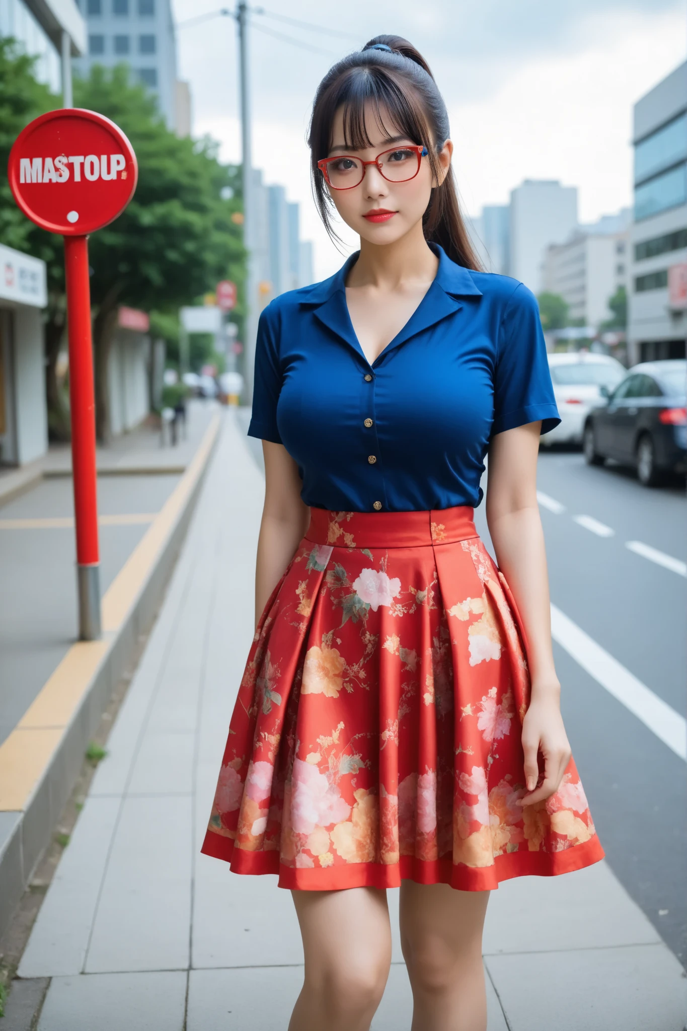 score_9, score_8_up, score_7_up.
She is wearing a knee-length skirt over tights.
Colorful and elaborate skirt made with many different colors.
Super beautiful Japanese mature woman, looks like intimidating, closed mouth, condescending gaze, staring at the viewer, long upturned eyeliners, long false eyelashes, wavy long ponytail, parted bangs.
She is lewd married woman, red thin-rimmed glasses.
Great figure, breasts, striking a seductive pose.
There are many female passersby around.
Bus stop, bus, very detailed cityscape., daytime.
Best quality, masterpiece.