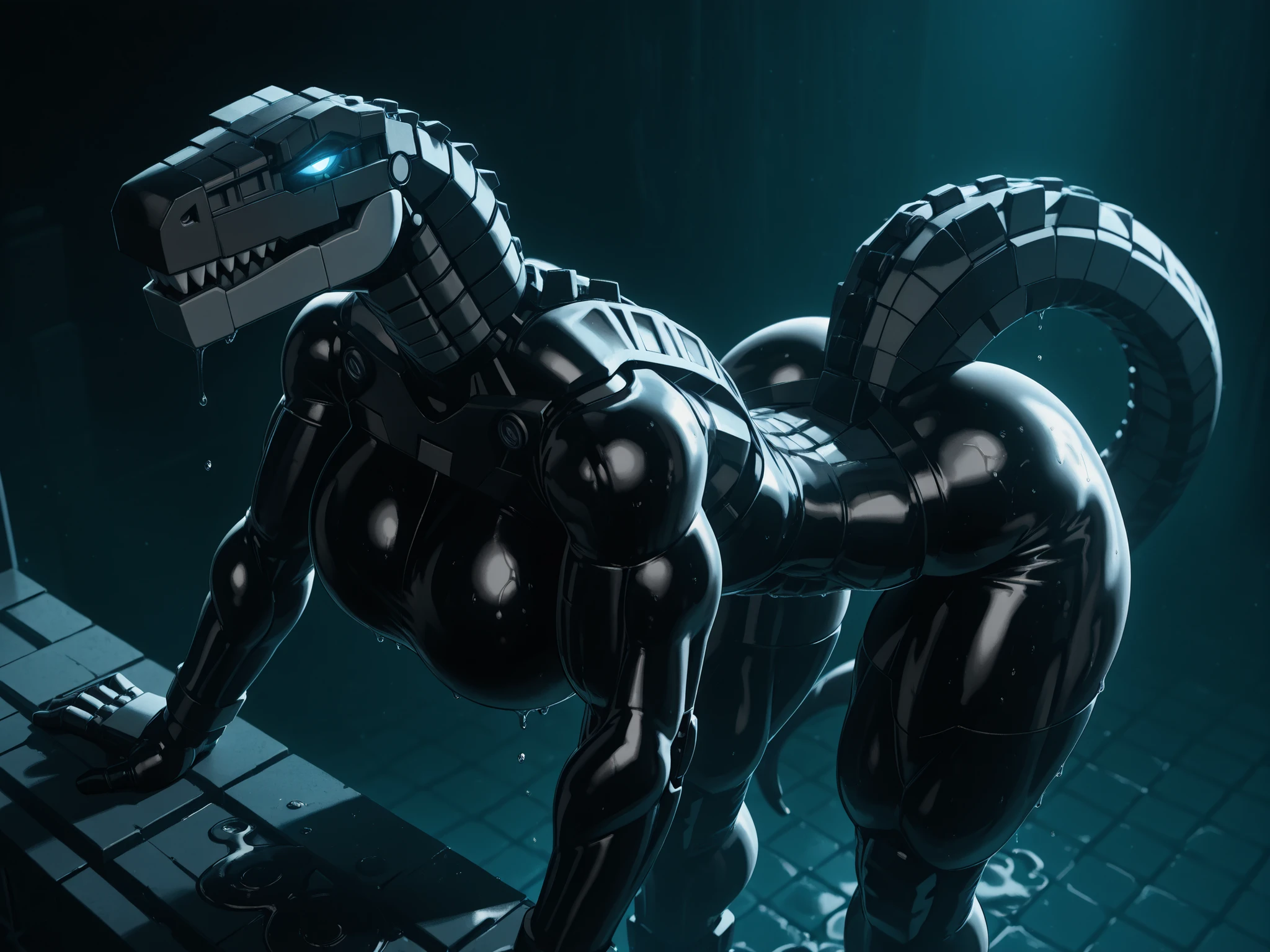 l3g0, masterpiece, best quality, amazing quality, very aesthetic, high resolution, highly detailed, high quality, krekkov style, score_9, score_8_up, score_7_up , solo, muscular, roodaka, bionicle, anthro, dinosaur, lidded eyes, annoyed, glowing eyes, seductive pose, abs , breasts exposure, narrow waist, shiny body, metallic body, oiled body, jewelry, clothed, standing, massive breasts, massive thighs, massive ass, sweaty, dripping, tail, bent over, arched back, cinematic angle, cinematic lighting, from above