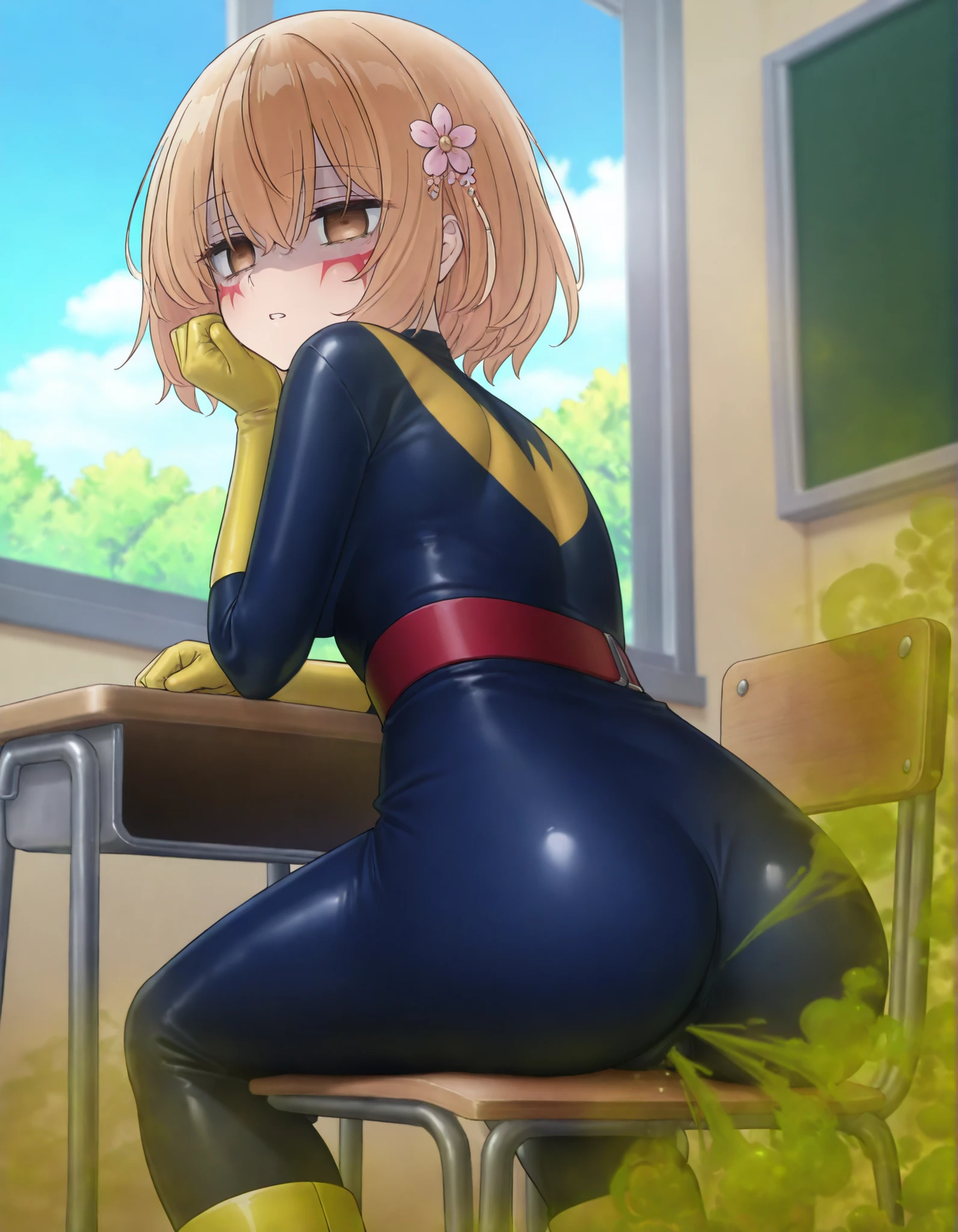 (((Masterpiece))), (((Best Quality))), ((Super Detail)), ultra-High resolution, score_9, score_8_up, score_7_up, score_6_up, score_5_up, score_4_up, BREAK, source_anime, anime screencap, uncensored, Masterpiece, (best shadow), (absurdres), (detailed background), (very aesthetic), detailed beautiful eyes, outstanding, an exquisite animation illustration, highres, dark persona, empty eyes, blank eyes, gel shocker, gel shocker , yellow elbow gloves, gel shocker belt, gel shocker facepaint, shaded face, (((solo, 1girl))), hair ornament, anime style, anime coloring, animification, small , yaotose hinako, hair between eyes, short hair, brown eyes, light orange hair, day, parted lips, head rest, school, classroom, expressionless, emotionless, desk, chair, sitting, petal, wind, windy, flower, , , (((, ))), cinematic angle, dynamic angle, dutch angle, looking at viewer,