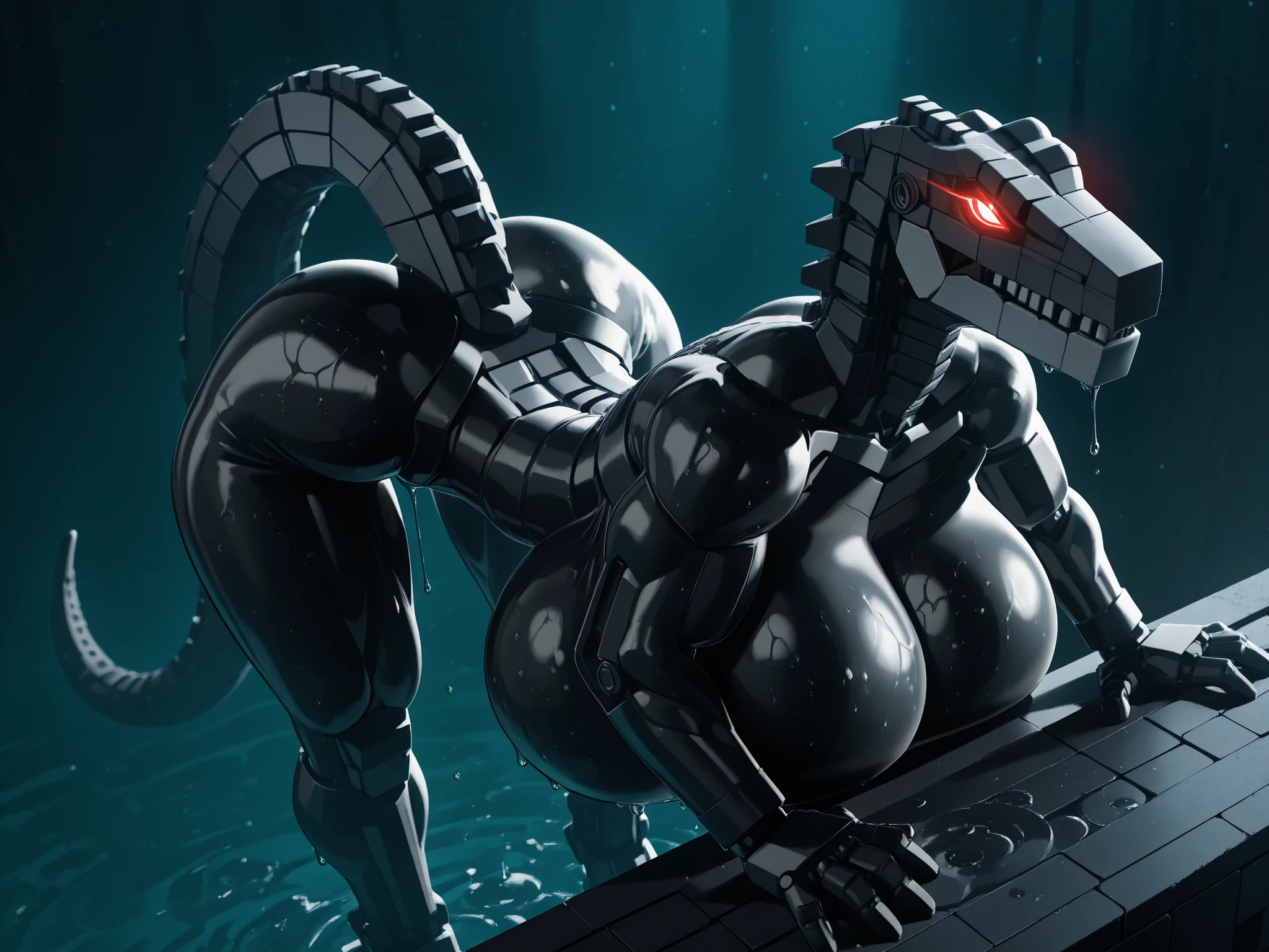 l3g0, masterpiece, best quality, amazing quality, very aesthetic, high resolution, highly detailed, high quality, krekkov style, score_9, score_8_up, score_7_up , solo, muscular, roodaka, bionicle, anthro, dinosaur, lidded eyes, annoyed, glowing eyes, seductive pose, abs , breasts exposure, narrow waist, shiny body, metallic body, oiled body, jewelry, clothed, standing, gigantic breasts, gigantic thighs, massive ass, sweaty, dripping, tail, bent over, arched back, cinematic angle, cinematic lighting, from above