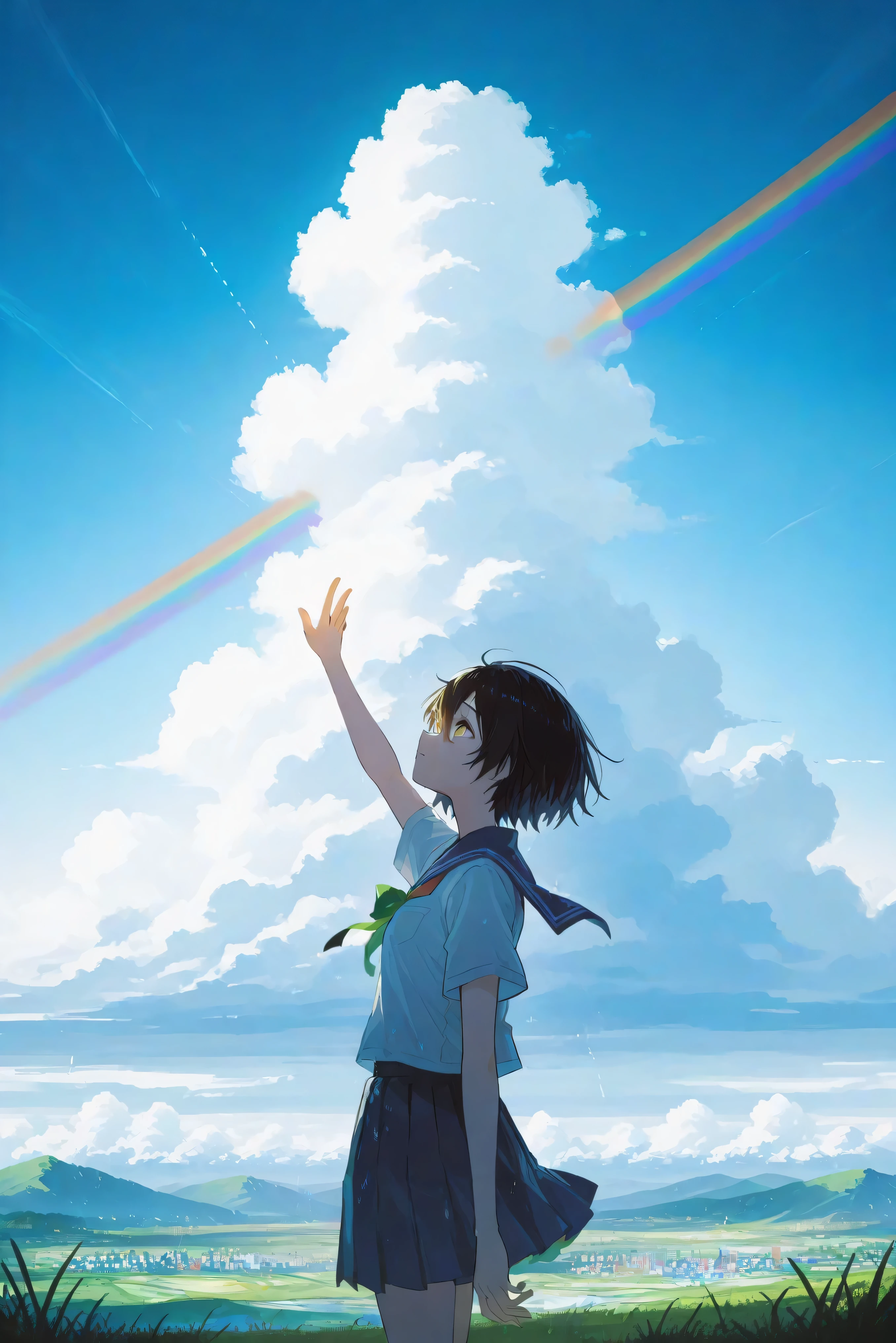 a landscape with a rainbow after the rain,outside,look up at a clear sky,create a bright image that makes you feel a new beginning, black short hair, yellow eyes, summer unifrom, highschool uniform, One hand stretched out to the sky