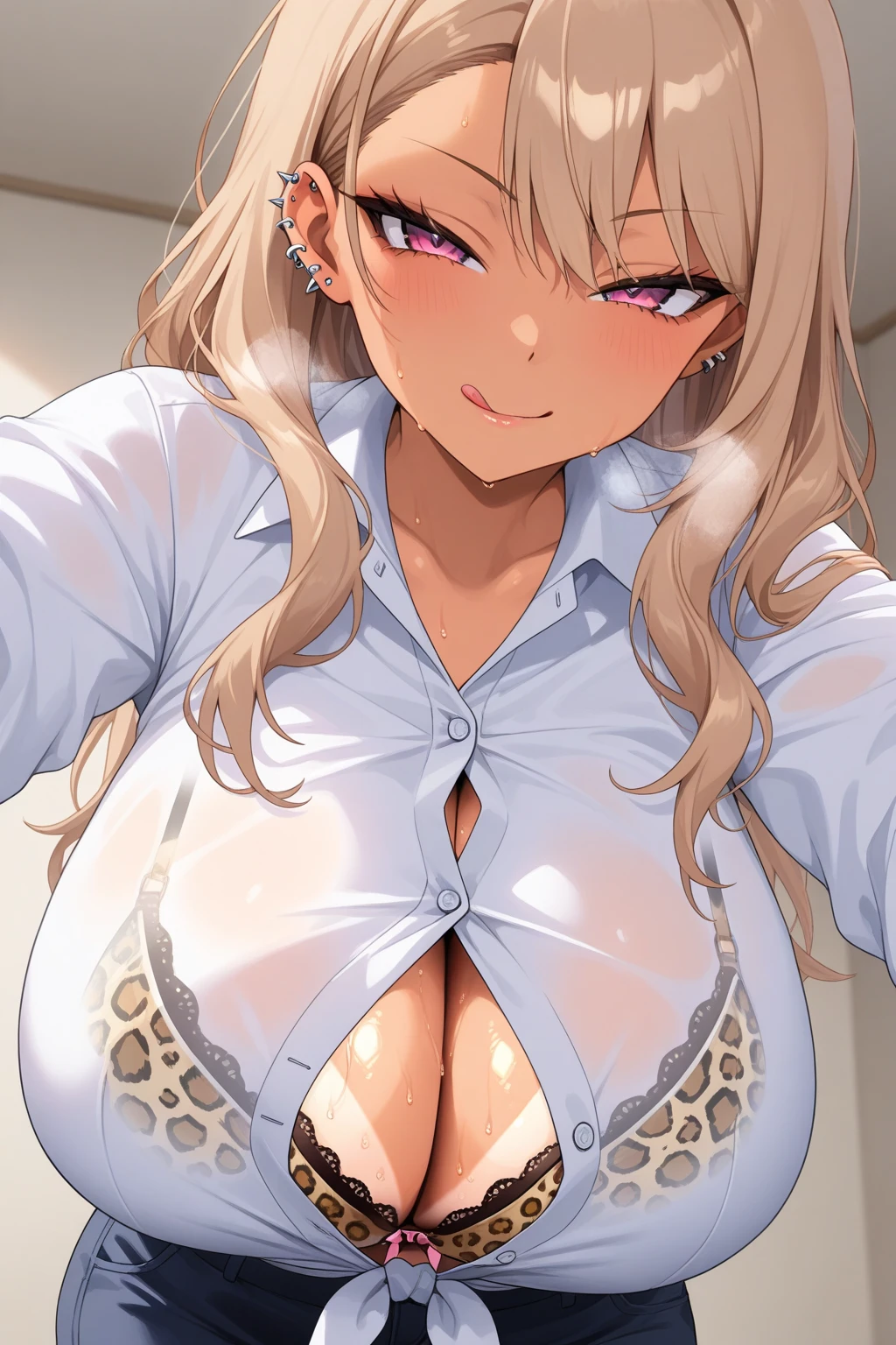 ((((perfect , super detailed skin)))), 1 girl, japanese, 17 years old, shiny skin, watching the view, (smile:1.5), 
beautiful hair, beautiful face, beautiful detailed eyes, blue eyes, (long hair:1.4, straight hair:1.7), light pink hair, right parted bangs,
beautiful clavicle, beautiful body, beautiful , beautiful thigh, beautiful legs, (:1.3), 
((long sleeves, white collared shirt, black suit jacket, black pencil skirt), id card, strap), 
(beautiful scenery), office, window, desk, chair, computer, ceiling, ceiling light, standing, 
(8k, top-quality, masterpiece​:1.2, extremely detailed), (photorealistic:1.2), sunlight, beautiful art, visual art, depth of fields, natural lighting,bra visible through clothes, 1girl, , purple eyes, solo, , blond hair, bangs, long hair, shirt, bra, blush, see-through, white shirt, , upper body,cum facial