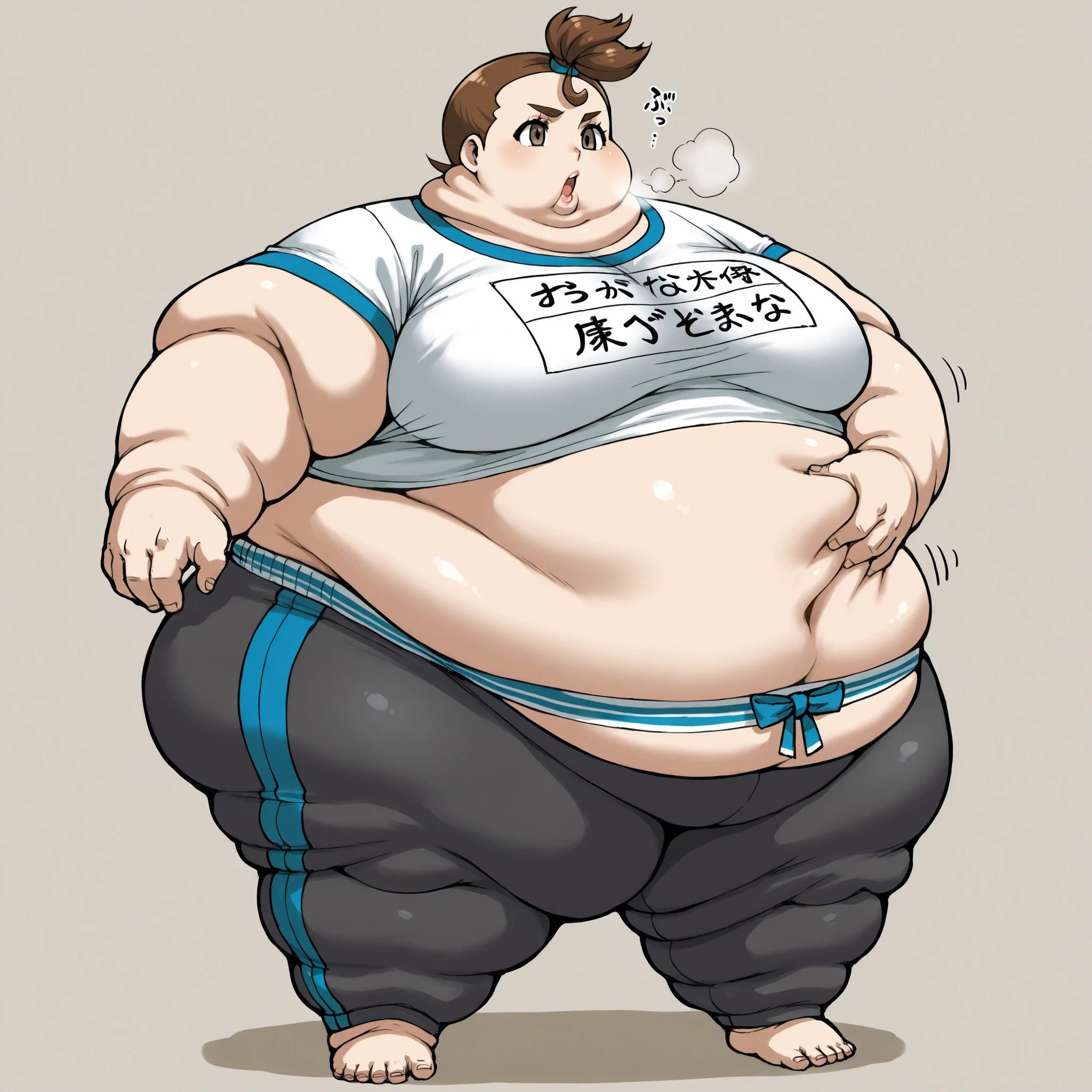 1girl, verity, very short hair, top knot, brown eyes,  training shirt, training pants with Elastic Waistband, midriff, fat, chubby, obese, fat neck, multiple chins, big breasts open mouth, out of breath, Larger female, full body shot, only head, large head, oversized limbs, large hands, large feet, oversized feet, oversized fingers, big lips, plump lips, fat face, fupa, big fupa, fat fupa, scratching stomach, airhead