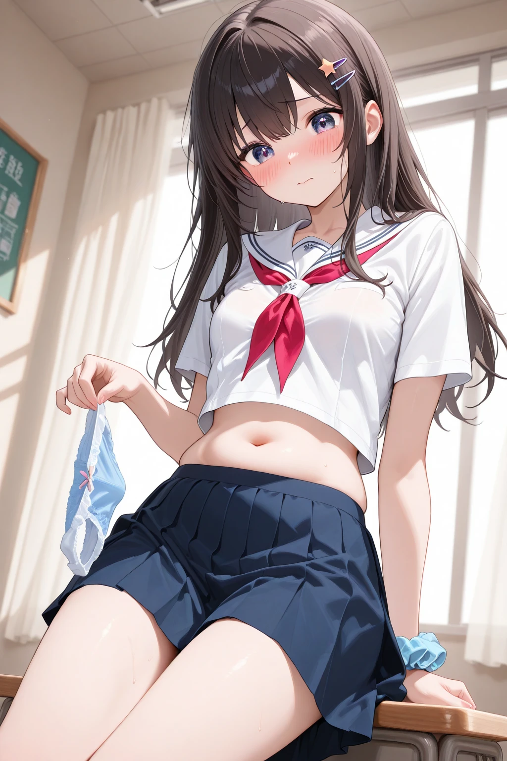 yukimi, 10., long hair, dull bangs, flat ?????, No expression, shy, whole body, highest quality,  (randoseru red backpack:1.4), in a crowded train、There are a lot of guys around、In ?????????、angle from below、kneel down、(small area white panties:1.4)、(????????????:1.4)、(put your hand inside your pants:1.4)、Striped pattern、embarrassing、Transparent、