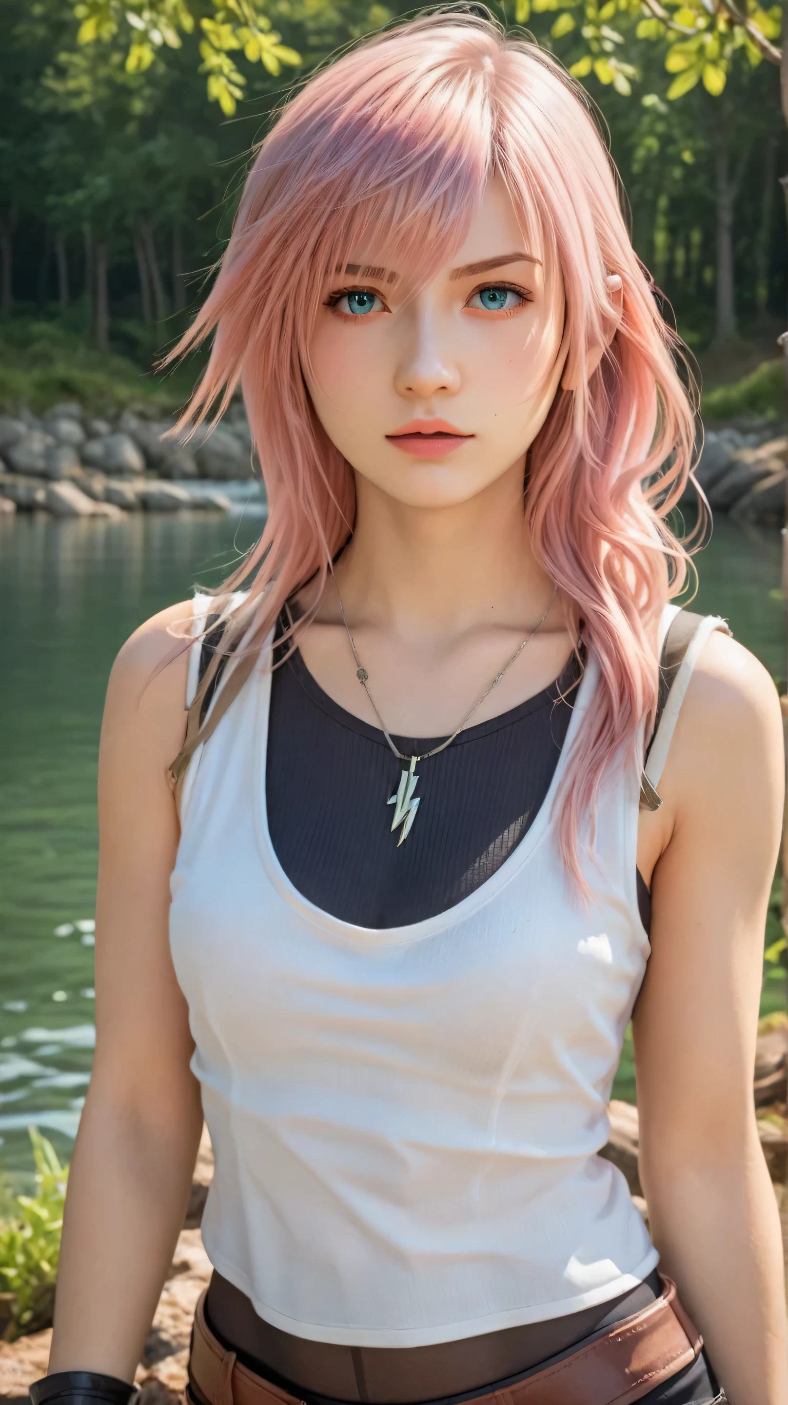 1girl, solo,lightning farron,blue eyes,pink hair,long hair,outdoors,potrait,forest,medium breast,(lake background:1.4),front view,final fantasy outfit, black glove,(close up:1.2),(wear tanktop:1.5),potrait,standing still,bike shorts