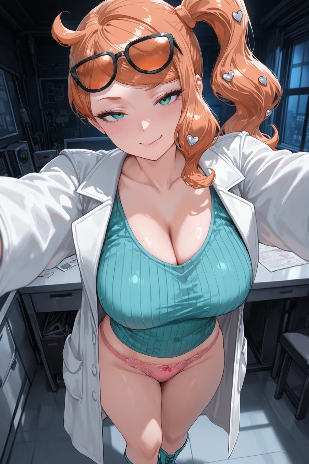 One woman, milf, , bob cut, red hair, glasses, blue eyes, lab coat, open coat, 