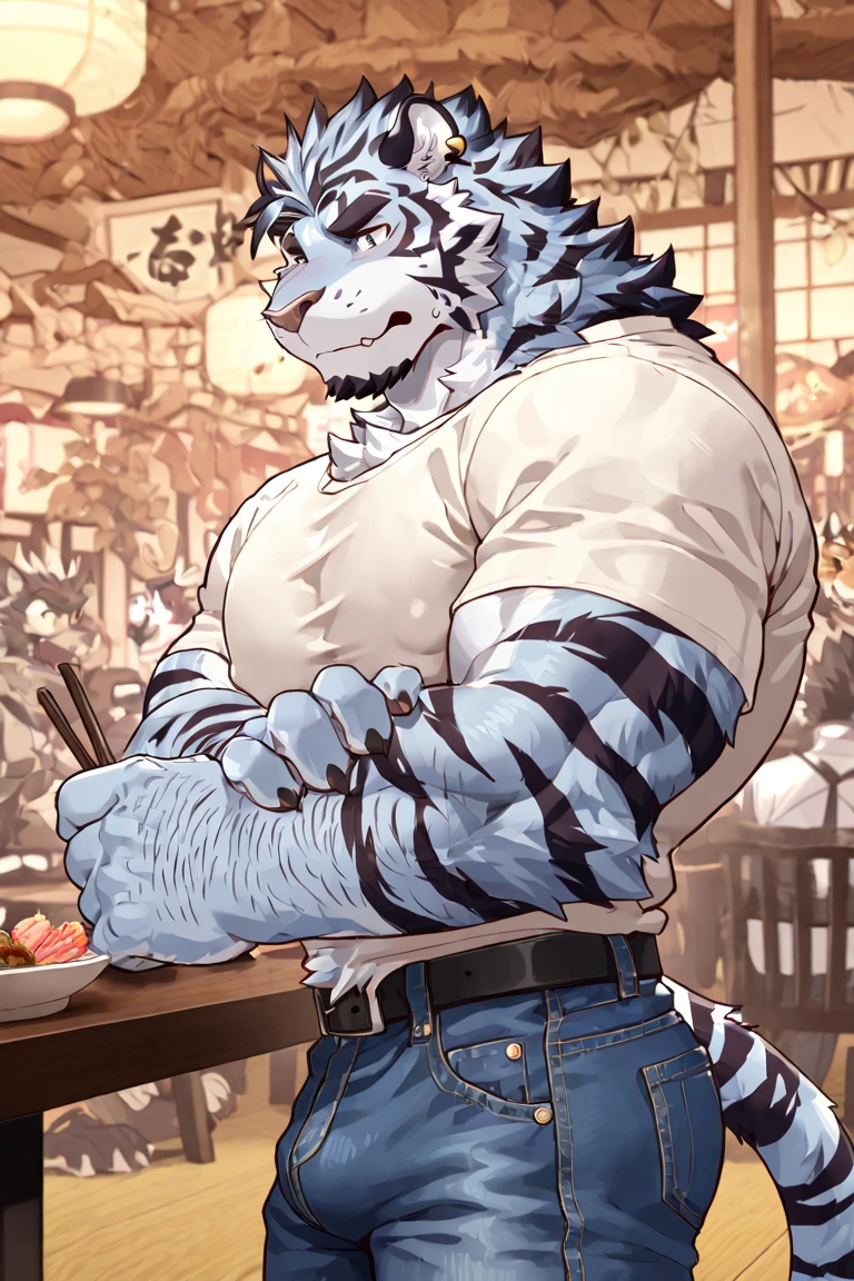 tiger orc, tall and athletic, sports student, Sunny and handsome, camera on white round table, simple background, White walls, dappled light, Natural light, Interior rendering, Jimmy, clear details, realism, rendering, Nikon, c4d, 3DMAX, Redshift rendering, Corona rendering, behavior - ar 1:2--C 10, , Cross your hands, Shy, estrus