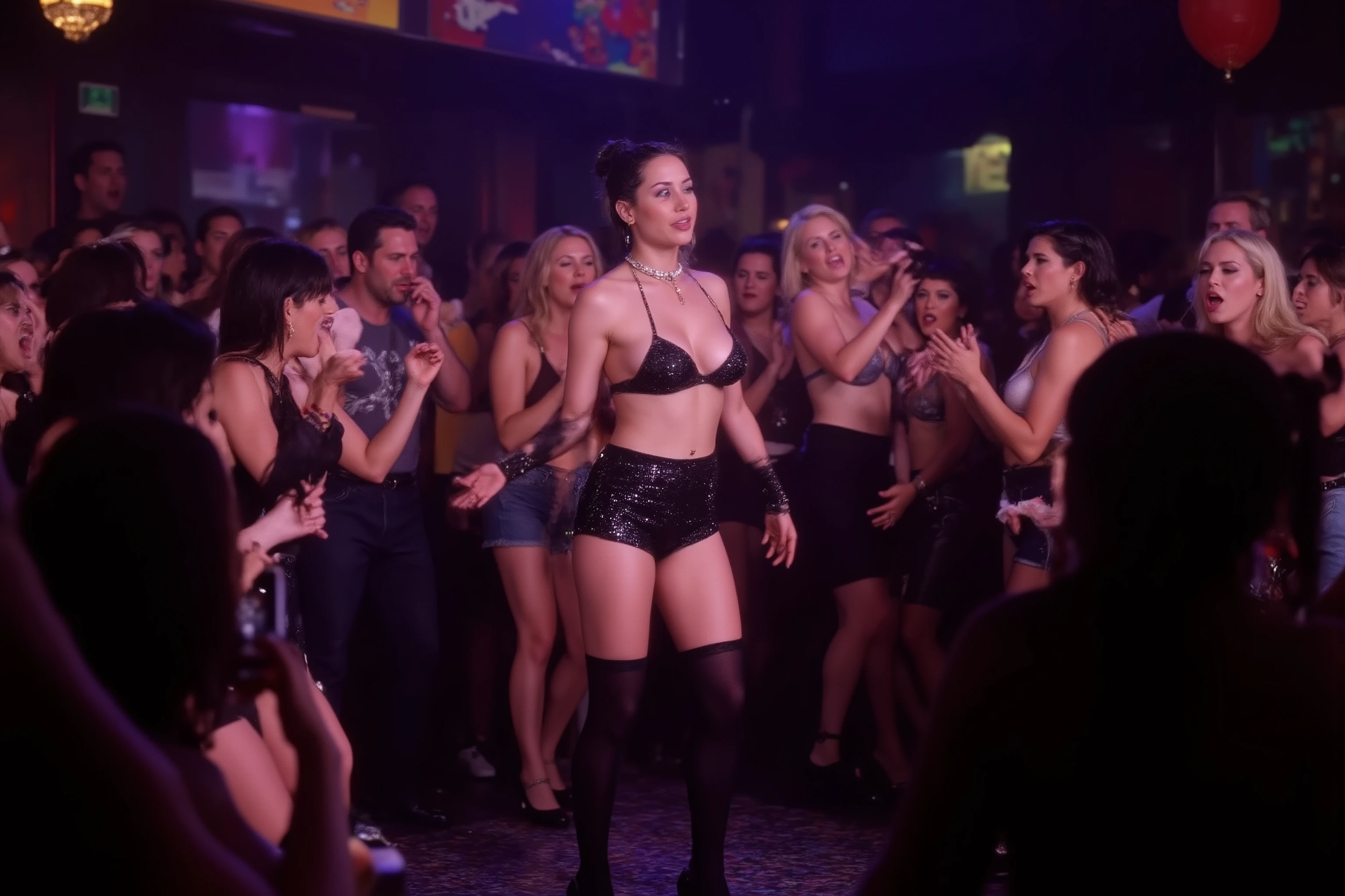 lcylxsl woman,A gorgeous woman (lucy liu, aged 25, mini skirt no panties, small crop top sparkly, jewelry, thigh high stockings, black dancing shoes, lesbian haircut, violet makeup), she is dancing at a night club with multi colored stage lights, several aroused lesbians cheer her on as she and flicks her tongue, her lesbian lover is enthusiastically and licking her moist . lesbian night club, on stage