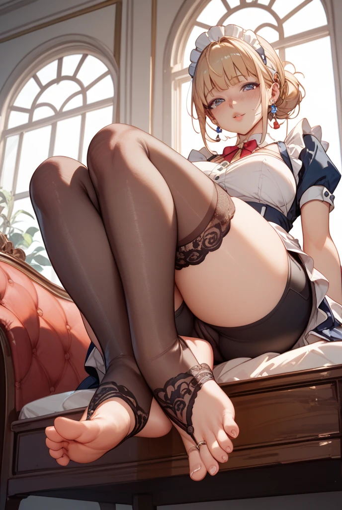 (masterpiece:1.2), 1 girl, blonde short hair, light green eyes, black suit, black pantyhose, 1 boy, , (:1.2), , light smile, blush,  on feet