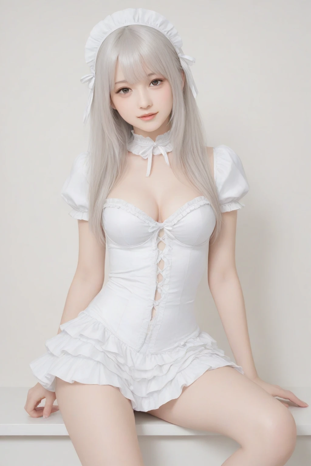 masutepiece, Superb Piece, Daytime, Indoor，sit a chair, Falling flowers, White Dress, 1 girl, A perfect woman, Woman with silver and white long hair, gray blue eyes, pale pink lips, Cold, Serious, Bang, Purple eyes, White clothes, black closing line, Delicate face, Exquisiteface, Standing Bow, tassels, Happiness knot, Smile,Relax on the sofa,open one's legs,White 