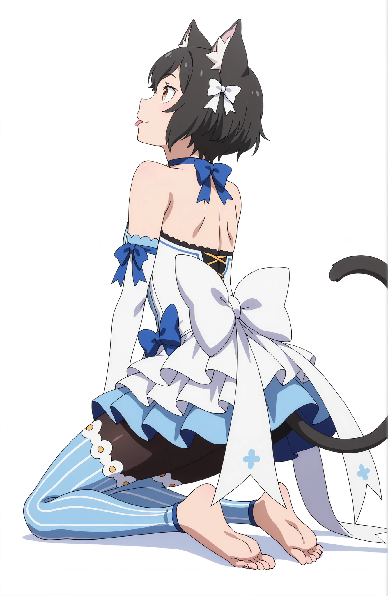 (official art), anime_source, source_anime, Шедевр, лучшее качество, потрясающее качество, (((anime screencap))), anime drawing, (high detail), (masterpiece),(best quality),(ultra-detailed),((best illustration)),((very aesthetic)), 1 boy, Natsuki Subaru, smile, short hair , black hair , cat ears , cat tail , hair bow , pendant choker , blue choker , bare shoulders , vertical-striped dress , short dress , white dress , blue dress , arm ribbon , detached sleeves , large bow , back bow , white bow , dress bow , blue bow , layered skirt , two-sided skirt , pleated skirt , thighhighs over pantyhose , black pantyhose , vertical-striped thighhighs , blue thighhighs, athletic body, pumped-up body, ((perfect body)), white background, empty background, (((white background))), hips, (big legs), (ideal body proportions), (kneeling), (full body), barefoot? ((ultra detailed toes)), toes, (side view), back view, Looks up, Tongue, mouth open, all fours,