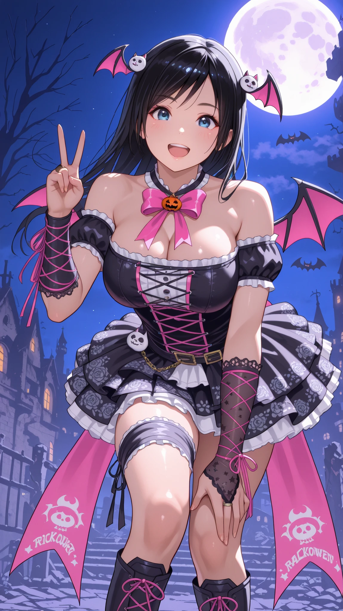 , ,perfect anatomy,masterpiece, Highest Quality, very aesthetic, Ridiculous, (Pyromyz (artist):0.4),,,1girl, kokoro (doa),kokorohalloween, black dress, hair orgment,,,pink ribbon,,,off-shoulder, , large breast,,,,,,,black hair, beautiful blue eyes,,, , Very beautiful thighs ,very Beautiful legs, ,,,,,,,,,,,,,,,,,,,,,,leaning forward,making a peace sign in one hand,smile,,,,,,open mouth,,,,,,,night,full moon,dark sky, Abandoned Castle