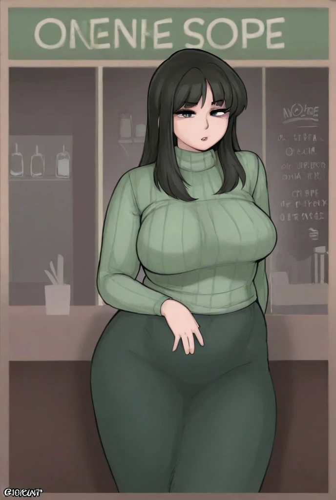 ((Masterpiece)), perfect ???????, perfect shading, field of depth, (best quality), extremely delicate and beautiful, perfect lighting, detailed face, ultra cute face, cute, ((1girl)), ((solo))

long fluffy black hair, glasses, green eyes, ((blush)), nervous, looking at viewer, sweater, short skirt, ??????????????, ((thick thighs)), (wide ????), ((plump)),

intricate background, detailed background, fast food restaurant,
