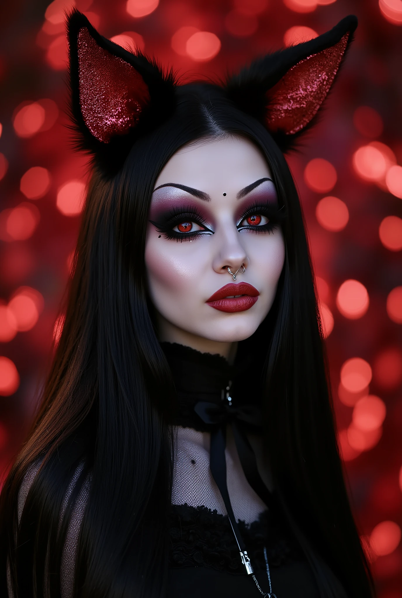 Masterpiece, best quality, framed by glossy bold lips, Extremely Beautiful face:1,8, black-red makeup heavy eyelashes , black smoky eyeshadow, a captivating Goth-character with extremely long neon black-Red hair and striking crimson eyes, gazing directly at the viewer. Fox ears, Behind her is a soft, bokeh-filled background of deep red and blacks, with faint hints of glowing, ethereal particles floating in the air. The lighting is a soft, stardust, glitter, diffused glow that highlights her features fox ears.