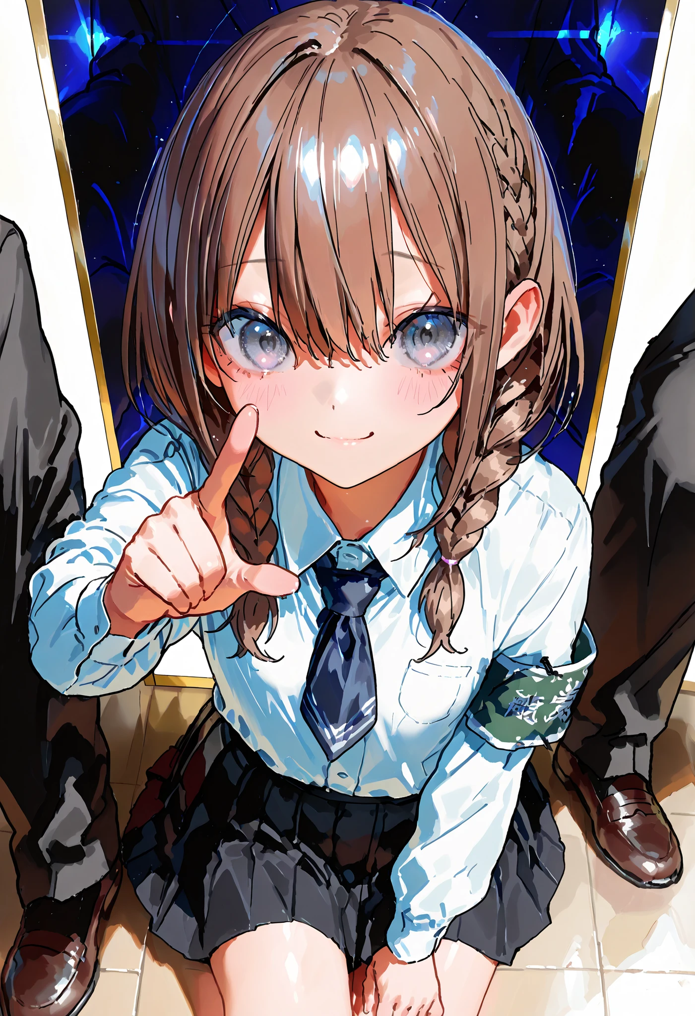 Little Girl with High Pressure Discipline Ceaman,((from ↑:1.2)),(((Disciplinary Committee Chairman's Armband))),Approximately 150 cm,charismatic presence, tall male students surrounding her,Pointing and Instructions,4K High Resolution,high dynamic range,brown hair,shortcuts,disheveled hair,short braided hair,neat,Slender Beauty,Correct Attitude,small tits,beautiful legs,have enchanting gray-blue eyes that shine like stars,Saggy Eyes,Brilliant Colors,beautiful eyes,A delicate smile,textured skin on a mirror placed on the floor,Best Quality,gentle and beautiful woman,anime style、excellent detailed depiction with ultra-realistic digital illustrations,Deep color ,dramatic lighting,Precise Textures,Little Girl with High Pressure Discipline Ceaman, Disciplinary Committee Chairman's Armband, Approximately 150 cm, charismatic presence, pointing to students, 4K Realistic Illustration, Extremely Detailed, professional, Brilliant Colors, Delicate Light and Shadow, Central Person on the Disciplinary Committee, Strictly Instructs Students, Coercive action, Small but Strong Presence, Trying to solve school problems You