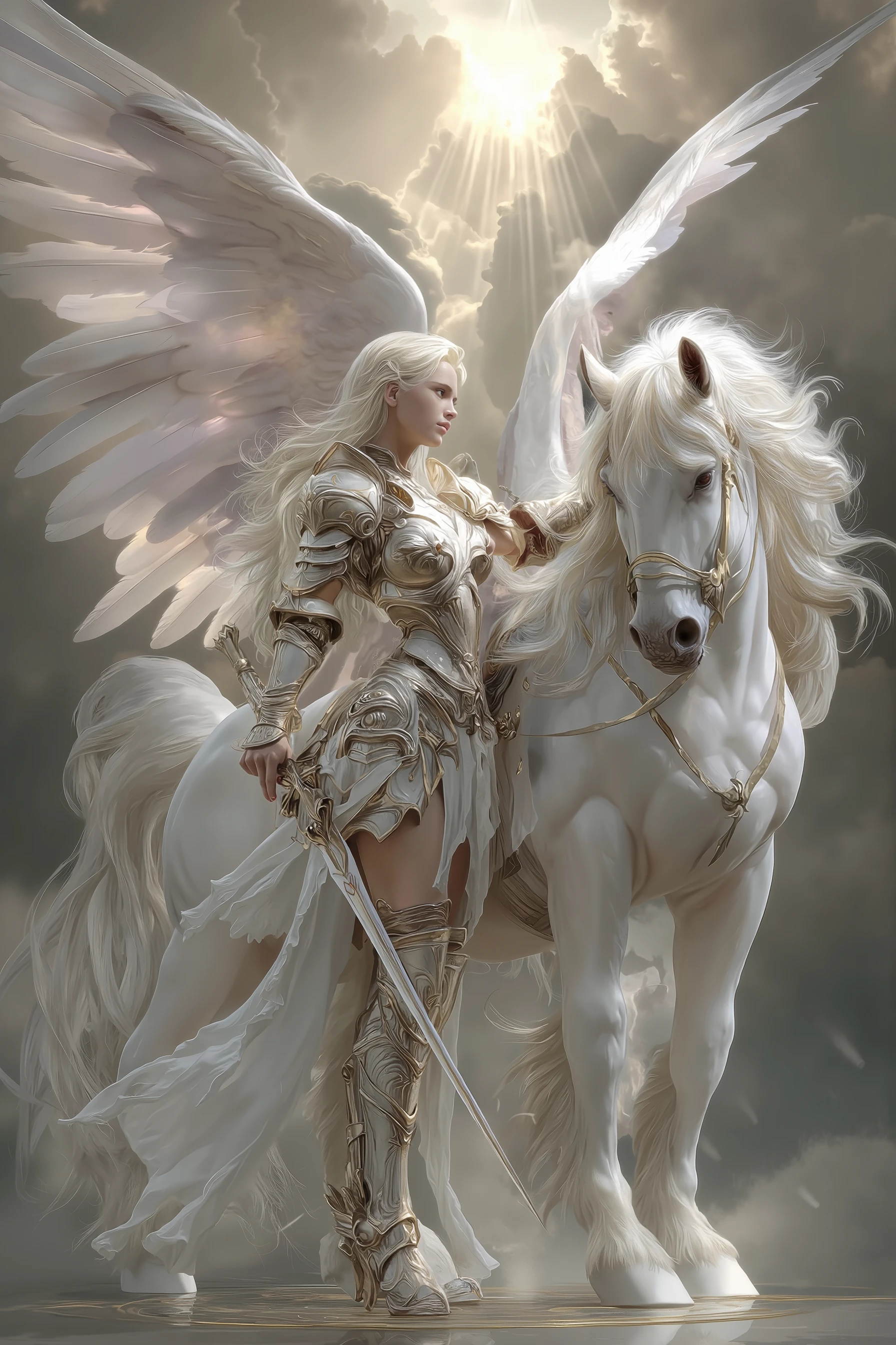 A 33 year old young woman with white blond hair, standing like a warrior. Looking at me in love, slight smile. Glowing heavenly aura around her. Glowing iris in eyes. Looking at me. Full body. Queen. With sword. Armor. ( at the Judgment seat of Christ). Looking at me in love. Wife. Next to a white spiritual horse with wings. GOD is behind them on a golden pearl thrown made of pure light. God made of LIGHT. Spiritual horse. Man/husband with white hair and armor next to her. Married.