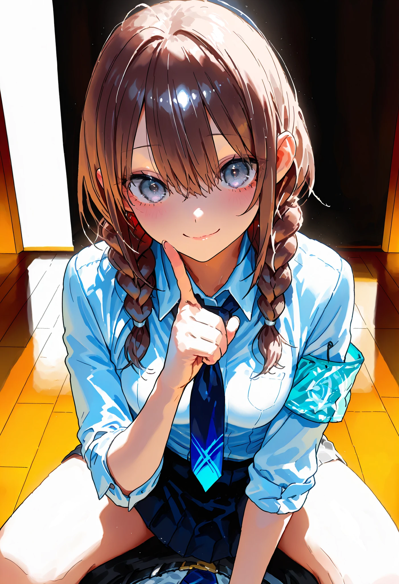 Overbearing,Chairman of the Discipline Committee,Disciplinary Girl Ceaman,(((Disciplinary Committee Chairman's Armband))),Approx. 150 cm,charismatic presence, Strict Guidance to Students,Pointing and Instructions,4K High Resolution,high dynamic range,brown hair,shortcuts,disheveled hair,short braided hair,neat,Slender Beauty,Correct Attitude,small breasts,beautiful legs,has enchanting gray-blue eyes that shine like stars,Saggy Eyes,Brilliant Colors,beautiful eyes,A delicate smile,Textured Skin on the Mirror on the Floor,Highest Quality,gentle and beautiful woman,anime style、Amazing Details Ultra Realistic Digital Illustrated,Deep Color ,dramatic lighting,precise texture,高圧Disciplinary Girl Ceaman, Disciplinary Committee Chairman's Armband, Approx. 150 cm, charismatic presence, Indicate Students, 4K Realistic Illustration, very detailed, professional, Brilliant Colors, Delicate Light and Shadow, Disciplinary Committee Center, Tall Male Students Around, Coercive Measures, Small but Strong Presence, You're Trying to Solve School Problems