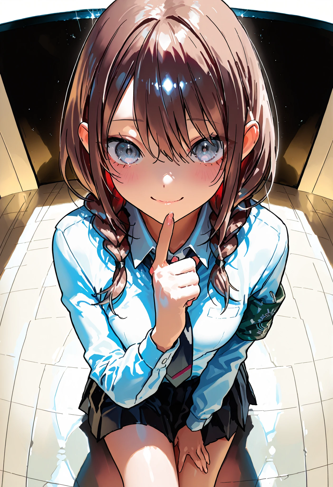 Overbearing,Chairman of the Discipline Committee,Disciplinary Girl Ceaman,(((Disciplinary Committee Chairman's Armband))),Approx. 150 cm,charismatic presence, Strict Guidance to Students,Pointing and Instructions,4K High Resolution,high dynamic range,brown hair,shortcuts,disheveled hair,short braided hair,neat,Slender Beauty,Correct Attitude,small breasts,beautiful legs,has enchanting gray-blue eyes that shine like stars,Saggy Eyes,Brilliant Colors,beautiful eyes,A delicate smile,Textured Skin on the Mirror on the Floor,Highest Quality,gentle and beautiful woman,anime style、Amazing Details Ultra Realistic Digital Illustrated,Deep Color ,dramatic lighting,precise texture,高圧Disciplinary Girl Ceaman, Disciplinary Committee Chairman's Armband, Approx. 150 cm, charismatic presence, Indicate Students, 4K Realistic Illustration, very detailed, professional, Brilliant Colors, Delicate Light and Shadow, Disciplinary Committee Center, Tall Male Students Around, Coercive Measures, Small but Strong Presence, You're Trying to Solve School Problems