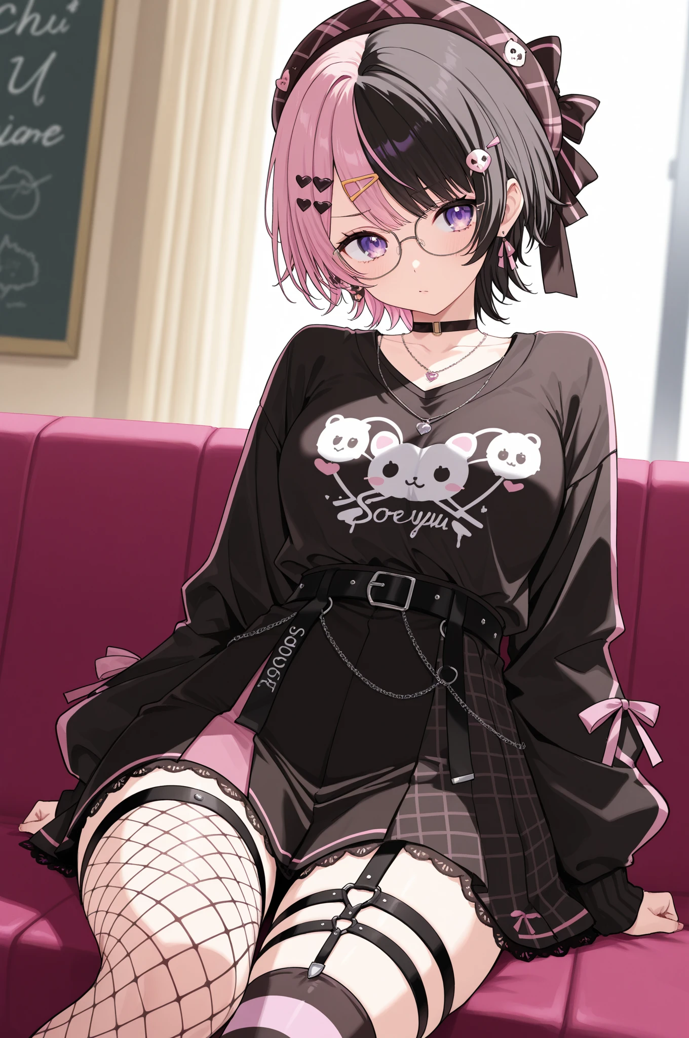score_9, score_8_up, source_anime, 1girl, solo, HinanoPunk, two-tone hair, short hair, plaid beret, hat bow, hairclip, glasses, black choker, necklace, black jacket, black shirt, black belt, black skirt, asymmetrical legwear, thigh strap, fishnet thighhigh, striped thighhighs, indoors, on sofa, smile, <lora:ChamTachibanaHinanoPonyXL:1>