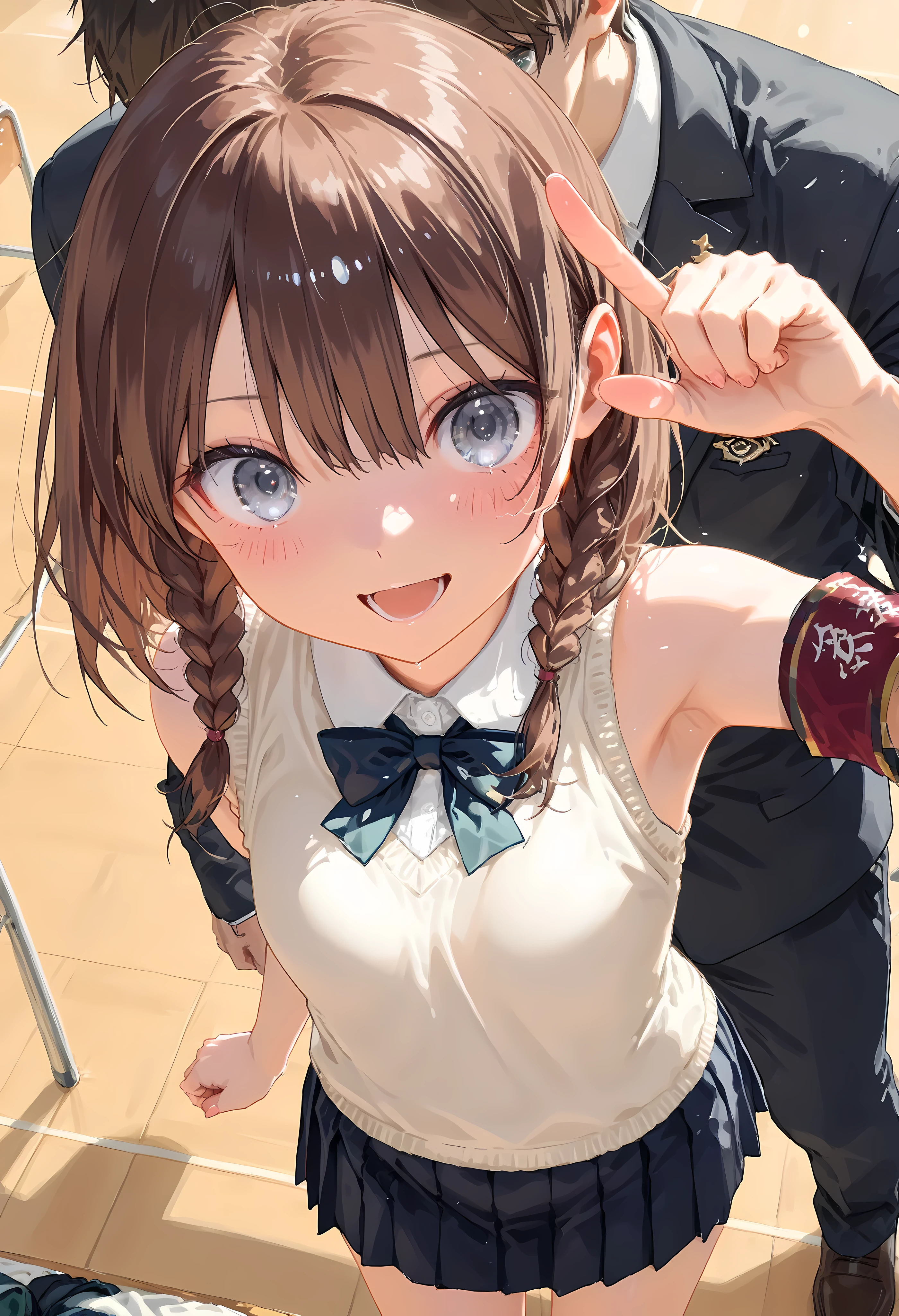 Little Girl with High Pressure Discipline Chairman,((from above:1.2)),(((Chairman of the Discipline Committee's armband))),cowboy shot on exposed armpits,About 150 centimeters,charismatic presence, Tall Boys Surrounding Her Surrounding Her Surrounding Area,Pointing and Instructing,4K High Resolution,High Dynamic Range,brown hair,shortcuts,unkempt hair,Short braided hair,Neat,slender beauty,correct attitude,small breasted,beautiful legs,The enchanting gray-blue eyes shine like stars,Saggy Eyes,Brilliant Colors,beautiful eyes,A delicate smile,Textured Skin,BEST QUALITY THE BEST,gentle and beautiful woman,anime style、Super Realistic Digital Illustration with Excellent Detail Description,Deep Tones,Dramatic Lighting,Precise Texturing,Little Girl with High Pressure Discipline Chairman, Chairman of the Discipline Committee's armband, About 150 centimeters, charismatic presence, Pointing at the Students, 4K Realistic Illustration, Extremely detailed down to the details, professional, Vivid Colors, Delicate Light and Shadow, Central Figure of the Disciplinary Committee, Strictly Instructing the Students, Coercive Behavior, Small but Strong Presence, Trying to solve school problems