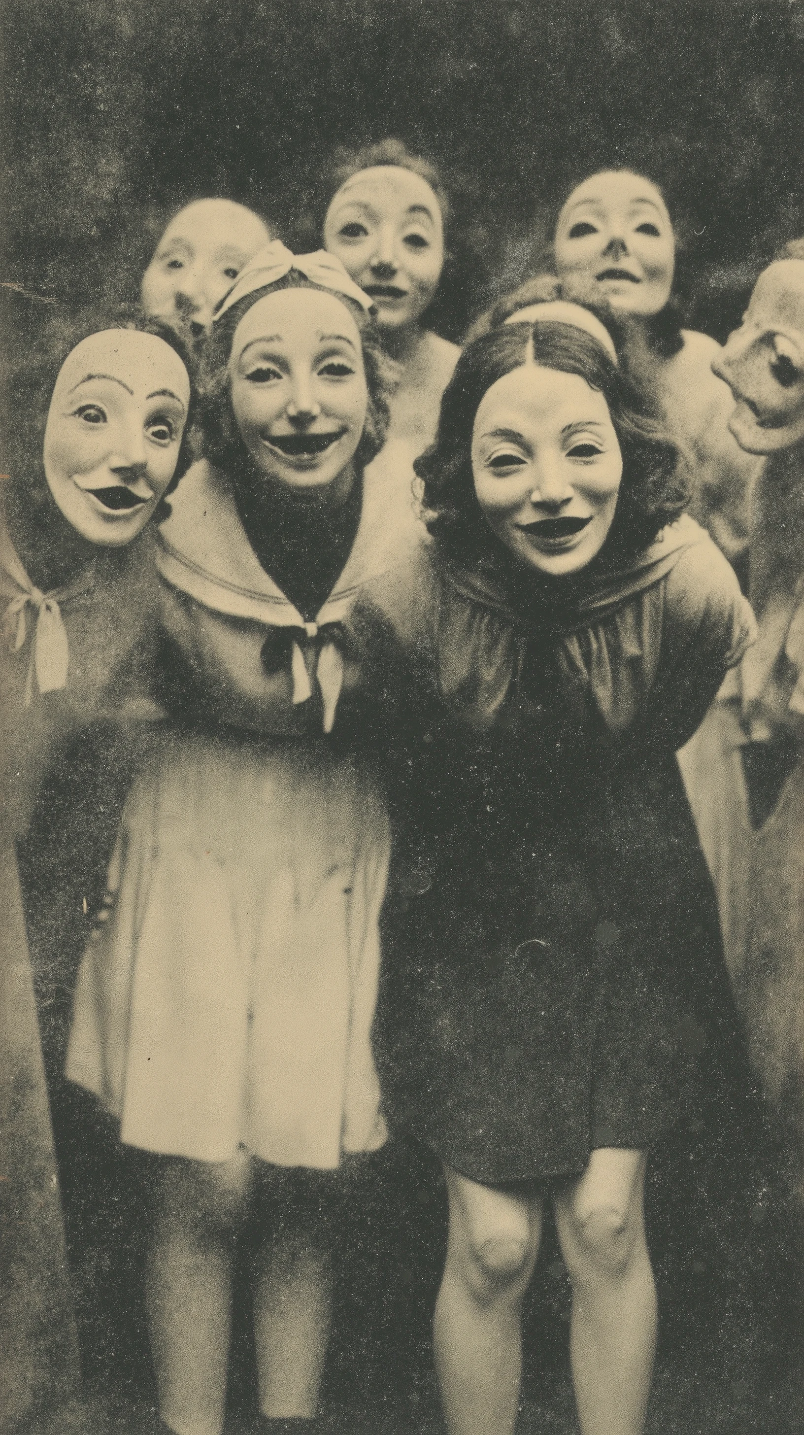 old photograph, absolutely expressive faces IN UNPREDICTABLE SITUATIONS, aged and surreal photography. Shocking and funny Sinister girls in miniskirt, OUTCOME IN film scene design and excellent design, Asylum 1920