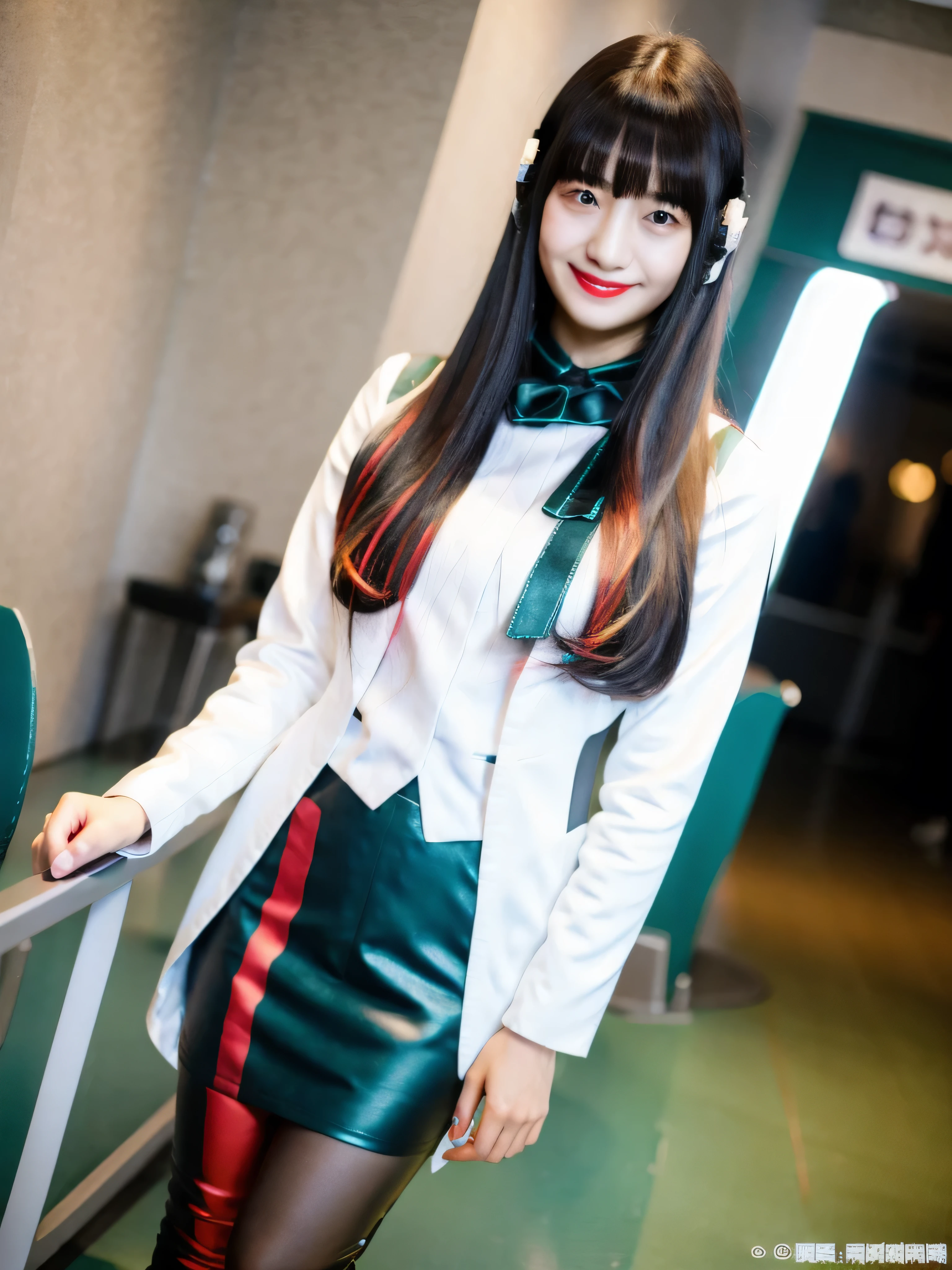 (Extremely Detailed CG), (Highest Quality), 1girl, perfect face,shiny skin,thin waist, Wide Hips AzuArk,high heels, footwear,Humagear_headphones,Black nails,white jacket that grips the bangs hard,skirt,long sleeve,赤い髪, Red Eyes, blunt Bang,pantyhose,multicolouring,long hair,Bang,dark haired, (evil smirk:1.5),thurushima noa,solo,