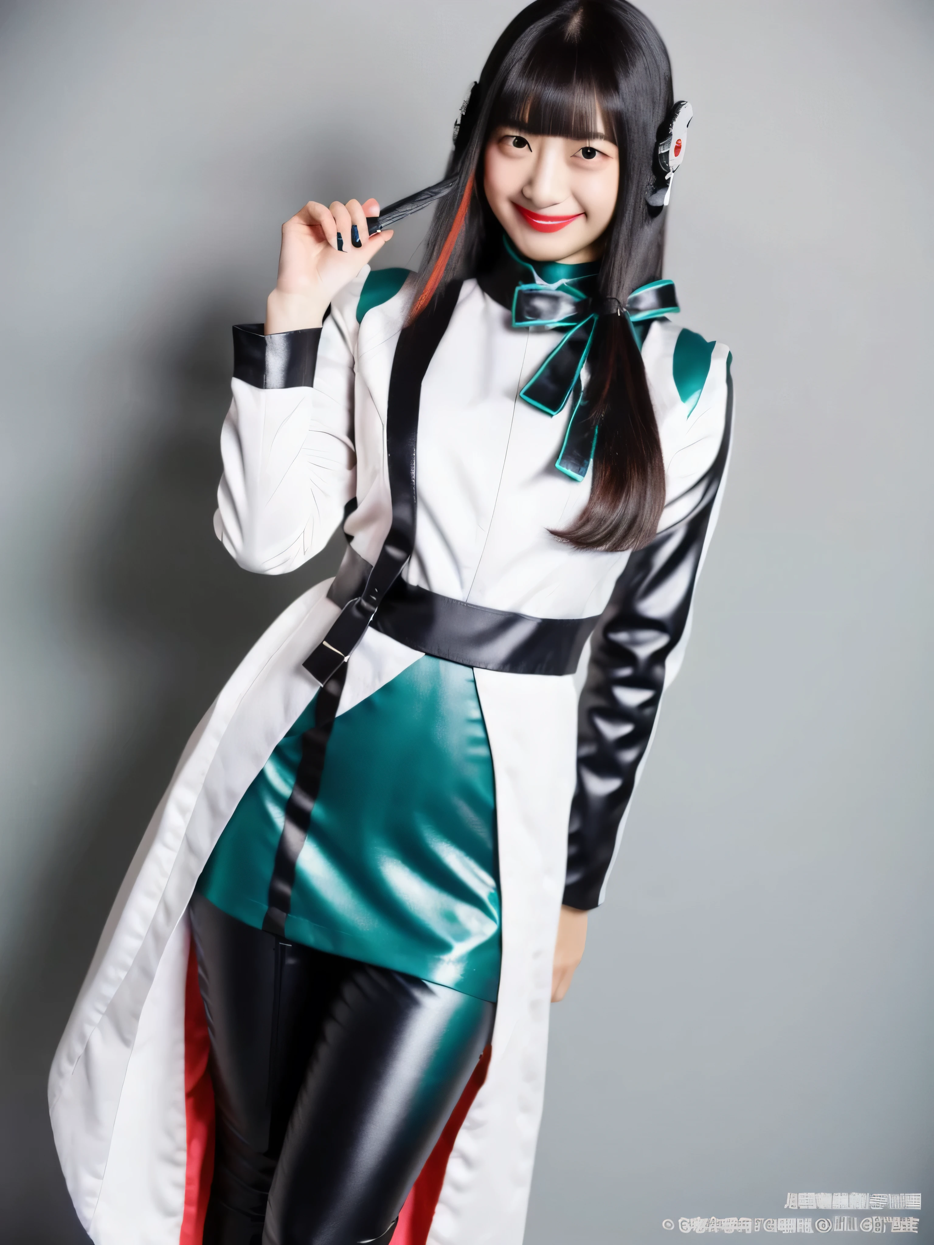(Extremely Detailed CG), (Highest Quality), 1girl, perfect face,shiny skin,thin waist, Wide Hips AzuArk,high heels, footwear,Humagear_headphones,Black nails,white jacket that grips the bangs hard,skirt,long sleeve,赤い髪, Red Eyes, blunt Bang,pantyhose,multicolouring,long hair,Bang,dark haired, (evil smirk:1.5),thurushima noa,solo,