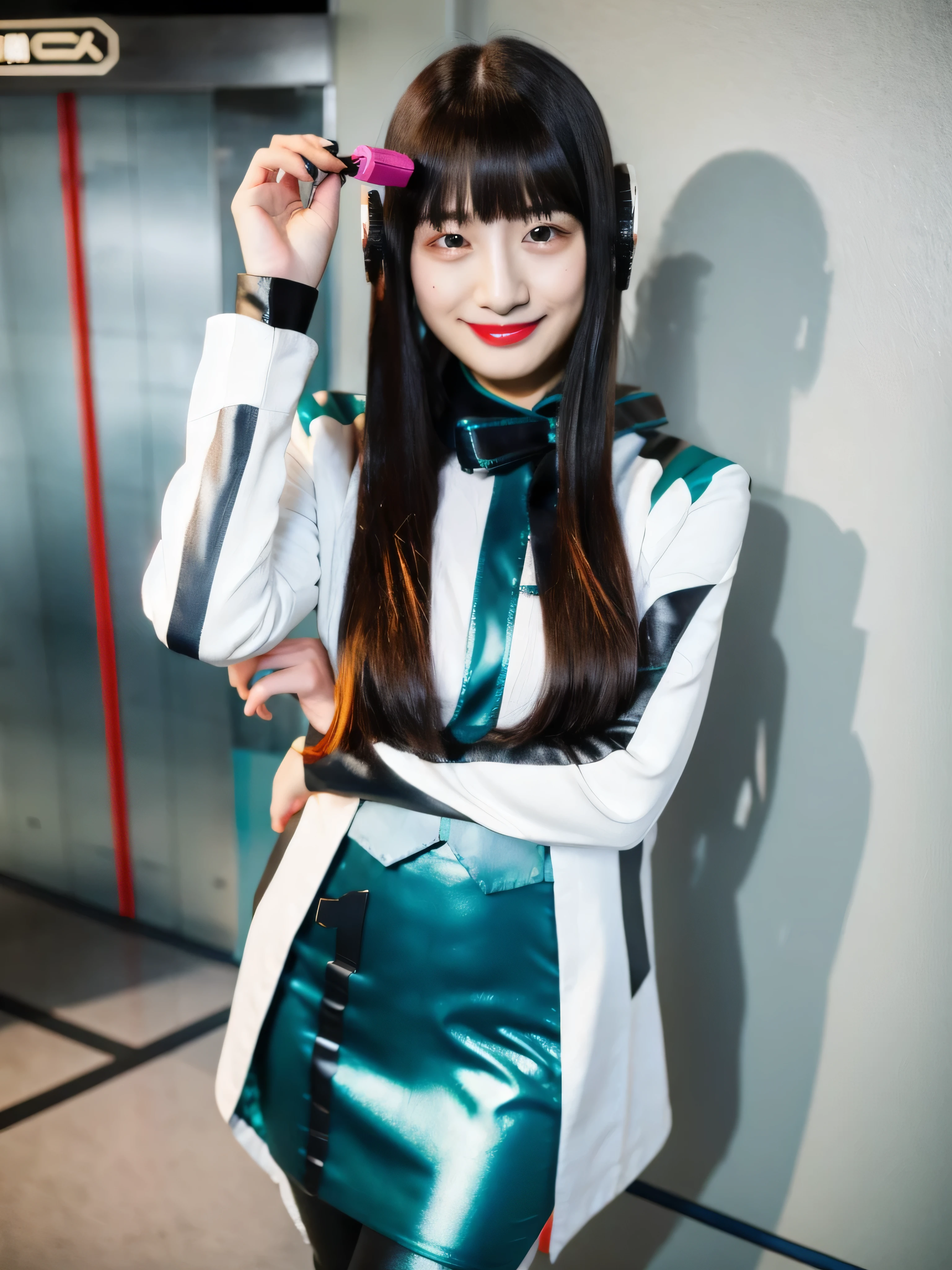 (Extremely Detailed CG), (Highest Quality), 1girl, perfect face,shiny skin,thin waist, Wide Hips AzuArk,high heels, footwear,Humagear_headphones,Black nails,white jacket that grips the bangs hard,skirt,long sleeve,赤い髪, Red Eyes, blunt Bang,pantyhose,multicolouring,long hair,Bang,dark haired, (evil smirk:1.5),thurushima noa,solo,