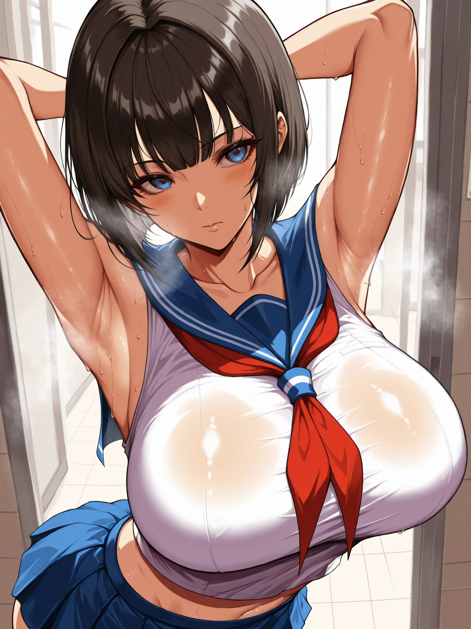 Highest Quality,masterpiece,staring at viewers,Discipline Committee,Armpit,sweat,big boobs,soft touch,Delicate Body Curves,Realistic Human Body,school,,sleeveless,sailor suit,mini skirt,unique design,Armpitsweat,steam,bob cut,Armpitの匂い,