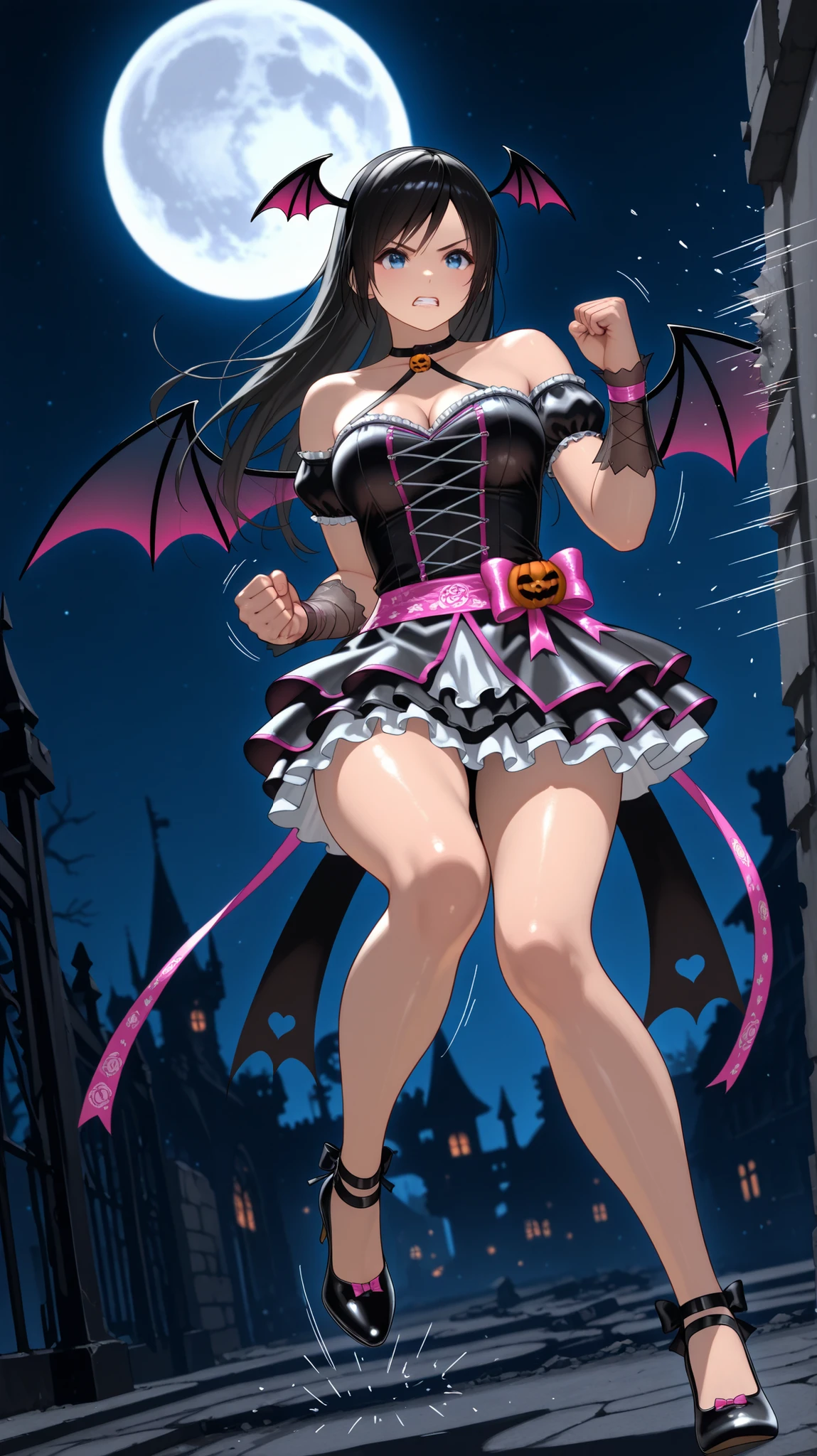 , ,perfect anatomy,masterpiece, Highest Quality, very aesthetic, Ridiculous, (Pyromyz (artist):0.4),,,1girl, kokoro (doa),kokorohalloween, black dress, hair orgment,a pair of devil wings on headband,,, two Pink ribbon accessories at the both side of waist,,off-shoulder,(,a pair of devil wings on the head:1.4), , large breast,,,,,,,black hair, long hair,slender,beautiful blue eyes,,, , Very beautiful thighs ,very Beautiful legs, ,,,,,,,,jumping,,,,,white panty,,high heels,,,,,,,,,,,cleavage,,,,,,,,fighting stance,angly,clenched teeth,running,,,(punching:1.4),straight punch, outstretching one arm,,clenched hands,motion lines,,night,full moon,dark sky, Abandoned Castle,,,,dynamic angle,upper body