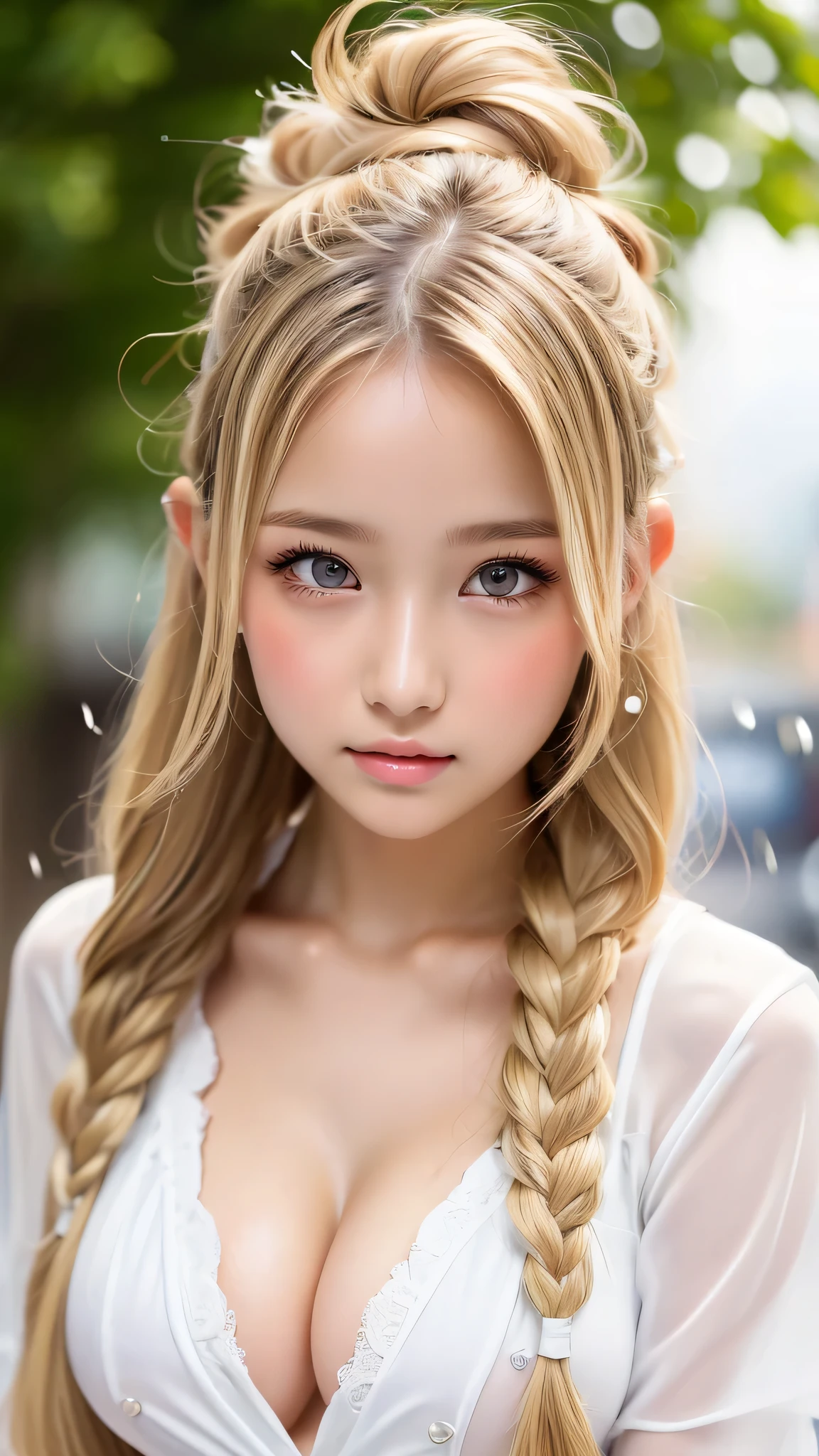 ((Highest quality)), ((masterpiece)), (detailed), Braided long hair, ((Blonde hair)), (highschool girl), Beautiful girl, Very Cute Eyes, eyelashes, (((sexy eye))), breasts, (cheek:1.3), (surprised:1.2), Glossy thick lips, glossy uniform, tanlines, gal, outside, raining, old man behind