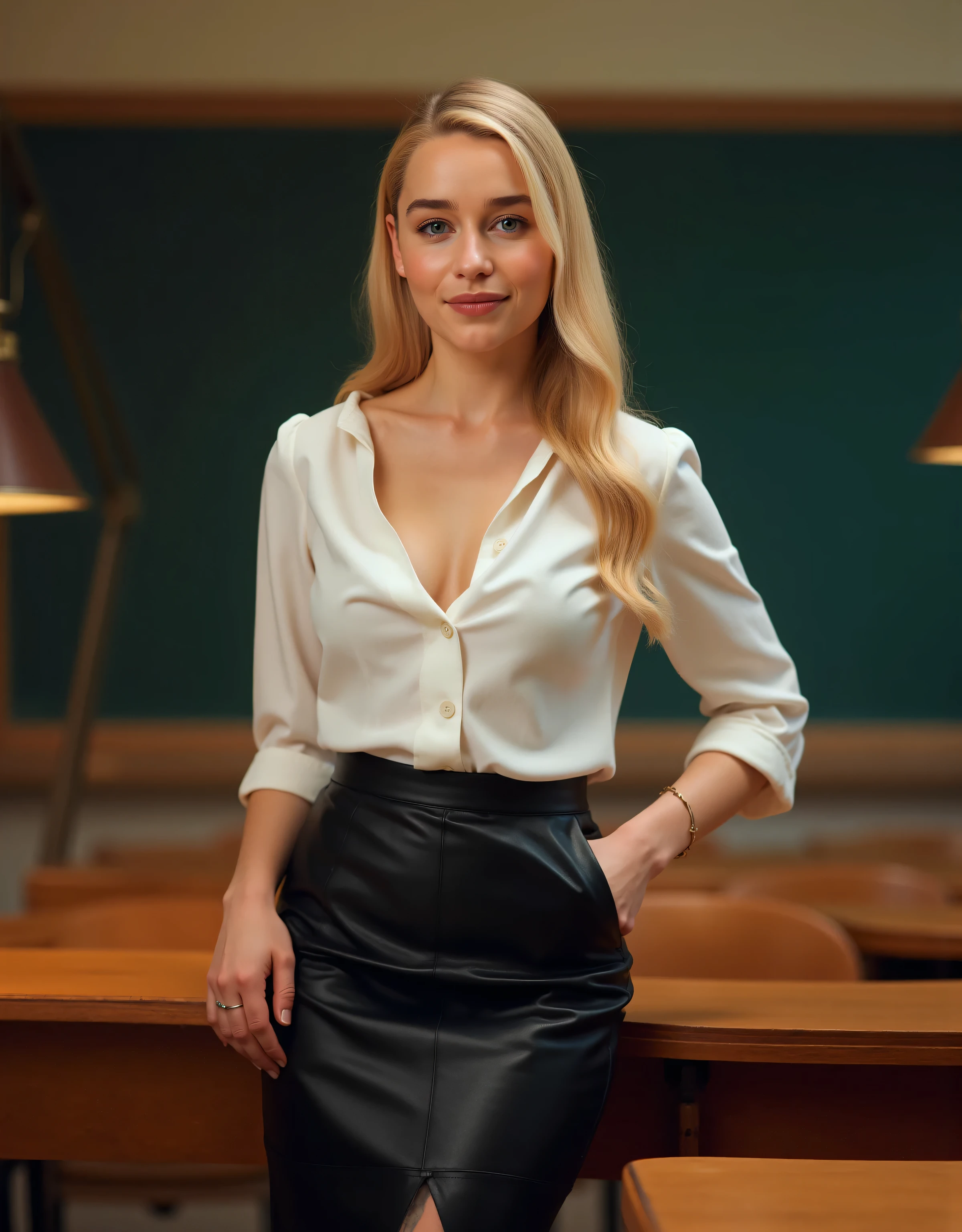 A photorealistic shoot from a front camera position of a young woman in a white blouse and a black leather skirt, posing confidently at a desk in a classroom. the picture also shows a blackboard and a lamp in the background. In the middle of the painting, a 20-year-old woman with fair skin, lange blonde Haare, Und blaue Augen, who is apparently smiling confidently, standing with one hand on her hip and the other resting on the desk. She is wearing a white button blouse, that is unbuttoned, showing her cleavage, and a high-waisted black leather pencil skirt with a side slit. the woman has a slim body and looks confidently directly at the camera. The lighting is soft and warm, casting soft shadows on her face and body.