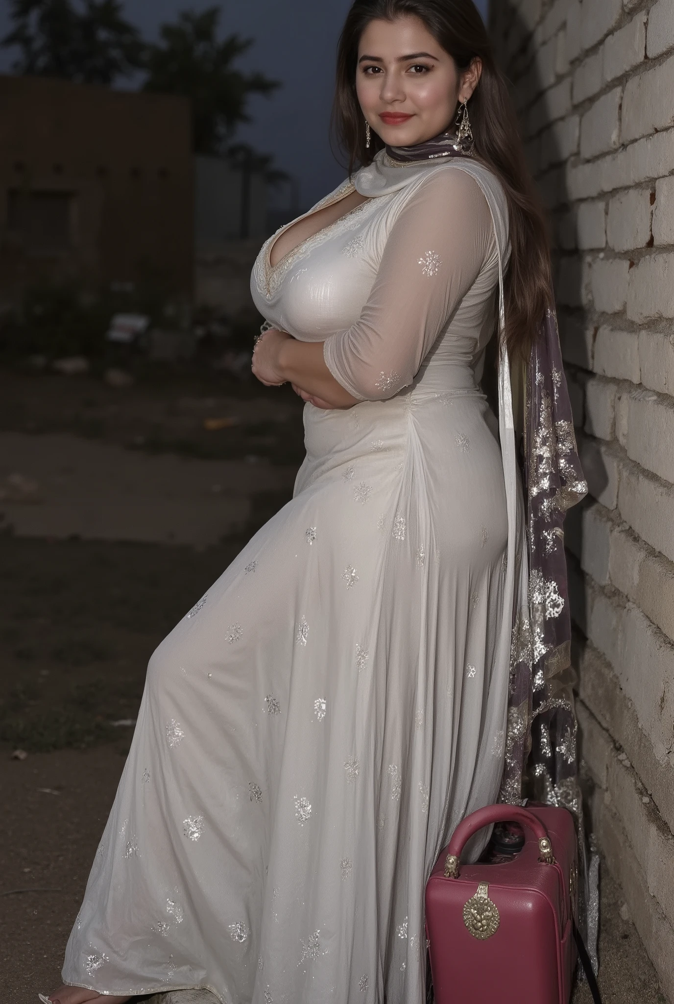 Beautiful chubby muslim Pakistani fair round face, chubby thick voluptuous body, mature housewife standing on abandoned building terace, leaning back on brick wall, wearing half sleeve kurti salwar, white sher scarf pallu, midnight darkness in background, horizon, sky, Busty, wide waist, hourglass voluptuous figure, curvy shyful eyes and a mischievous staring, horny exhibitionist, cotton fabric, matte finish fabric, highly detailed texture, detailed intricate pattern print, sunlight on black long hair ,High Resolution, Award Winning, High Details, Large breasts, Depth Of Field, Chromatic Aberration, shoot from front, huge heavy breasts, cleavage show
