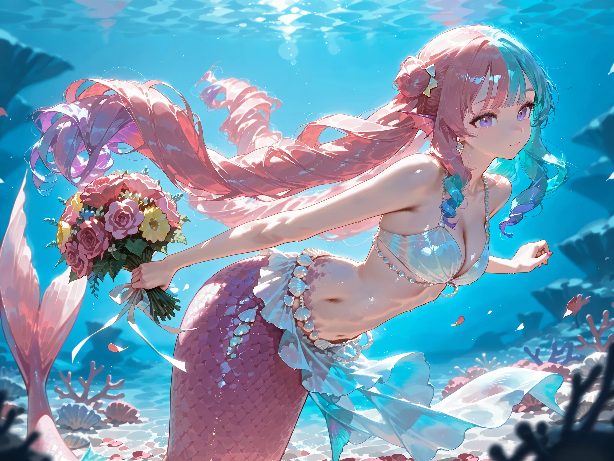 (merfolk, mermaid tail, scales,)(MULTICOLORED HAIR, TWO-TONE HAIR,MIX OF turquoise AND VIOLET-pink HAIR,SPLIT-COLOR HAIR,) The France Queen mermaid. She has pink skin covered with scales. She has pink ear fins with silver seashell earrings. she has a purple eyes. She has hair with ringlets strands,her bangs are curly , her hairstyle is gathered in Marie Antoinette's Pompadour decorated with pearly hairpins. She has a pink mermaid tail with lots of large butterfly-like fins. She wears a pearl seashell and lots of accessories. She wears a white sarong skirt with lots of pearl threads. She wears on her head a mother-of-pearl tiara made from pastel seashells roses. She's holding a bouquet in her arms. (On the background: purple night sky, turquoise sea, huge blooming coral decorated with roses. There are pink rose petals on the surface of the water.)