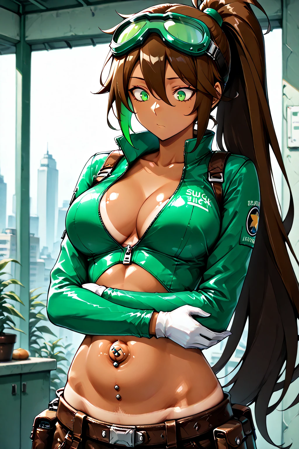 (masterpiece:1.2, best quality), (finely detailed beautiful eyes: 1.2), a girl with a brown ponytail, green eyes, , only 1 girl, age 20, black red dva jumpsuit