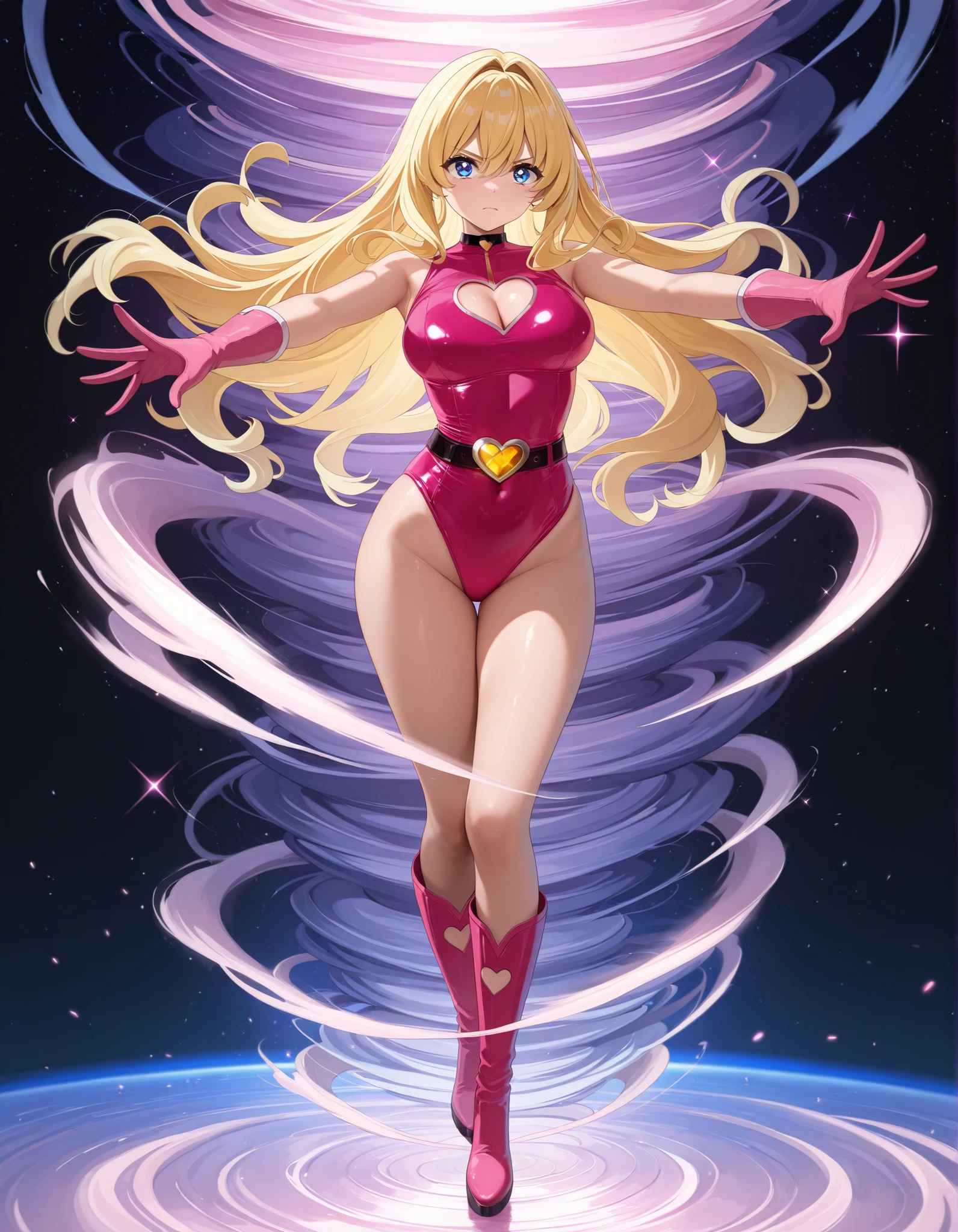 (masterpiece), (best quality), (high res), 1girl, solo, solo focus, superhero, gymnast leotard, competition swimsuit, ???? legs, matching boots, sleeveless, looking at viewer, perfect hands, perfect eyes, perfect leotard, perfect legs, perfect arms, perfect fingers, ??????????????, pink leotard, (blonde hair), long hair, knee boots, blue eyes, ((heart cutout)), cute face, hair down, bangs, ahoge, sleeveless, pink gloves, pink footwear, (cleavage cutout, serious, full body with costume, cowboy shot, space backdrop. (T-pose, legs together). (spins fast in place like a tornado, whirls fast in place like a tornado, tornado whirling, spiral lines around her, spinning energy pulse around her, storm winds around her, whirls into a tornado, (she whirls) in (super speeds)). full body costume design. curved sword slash. she super-spins. time travel, time warp.