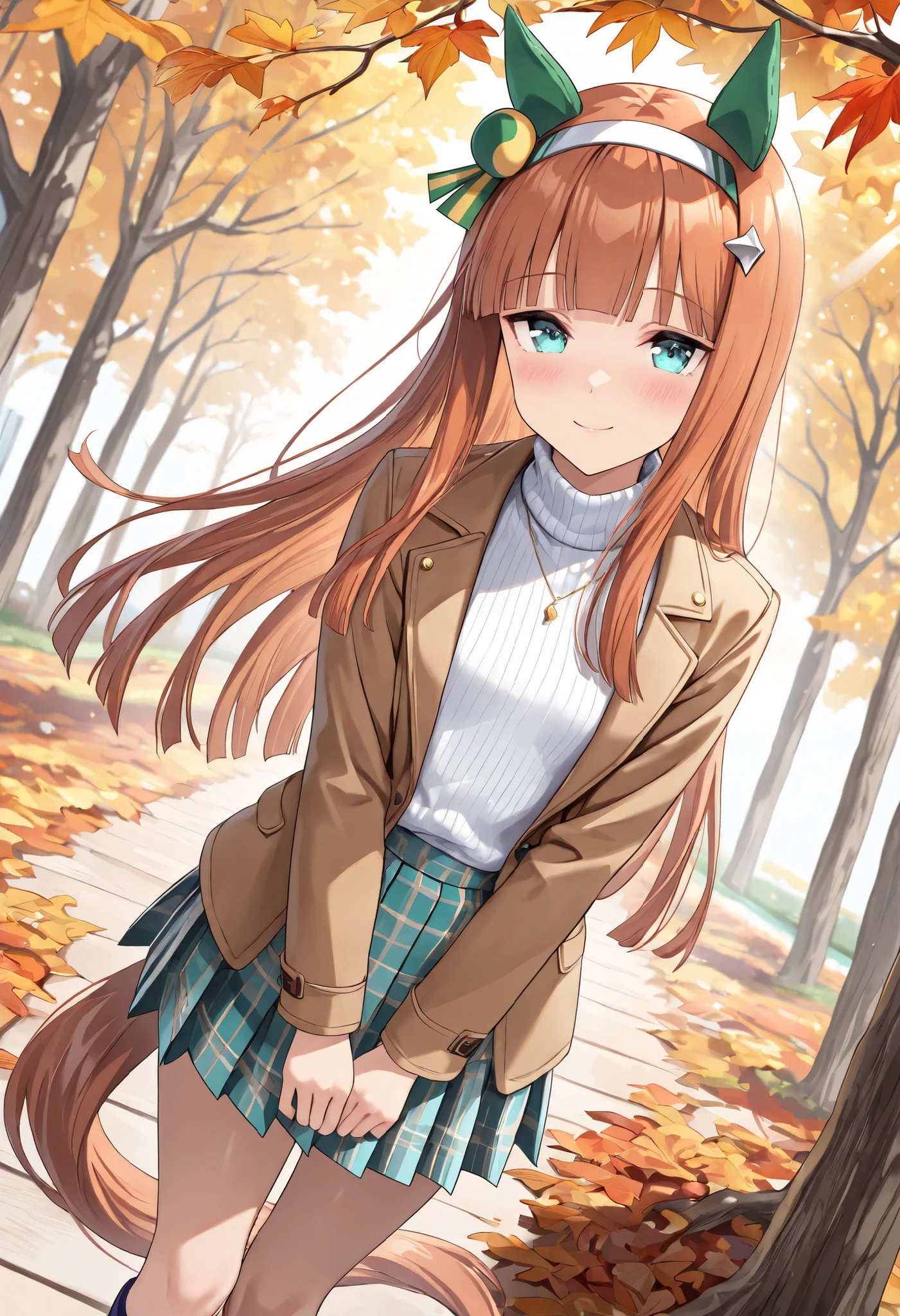 (masterpiece, best quality, perfect face:1.4), wide angle, silence suzuka \(umamusume\), horse ears, ear cover, white headband, small breasts, horse tail, tail on the lower back, proportional body, proportional,1 girl, beautiful hair, beautiful face, beautiful detailed eyes, beautiful clavicle, beautiful body, beautiful chest, beautiful thigh, beautiful legs, beautiful fingers, looking at viewer, BREAK, BREAK,
autumn outfit, open coat, turtleneck sweater, circular skirt, refined expression,
BREAK,
autumn breeze theme,
on autumn tree-lined path, natural pose, slightly gentle smile, intimate facial expression, long hair flowing in breeze, soft ambient sunlight,
BREAK,
romantic atmosphere, calm and nostalgic feeling
 BREAK, blush smile, textured skin, realistic skin, HDR, BREAK, good hands