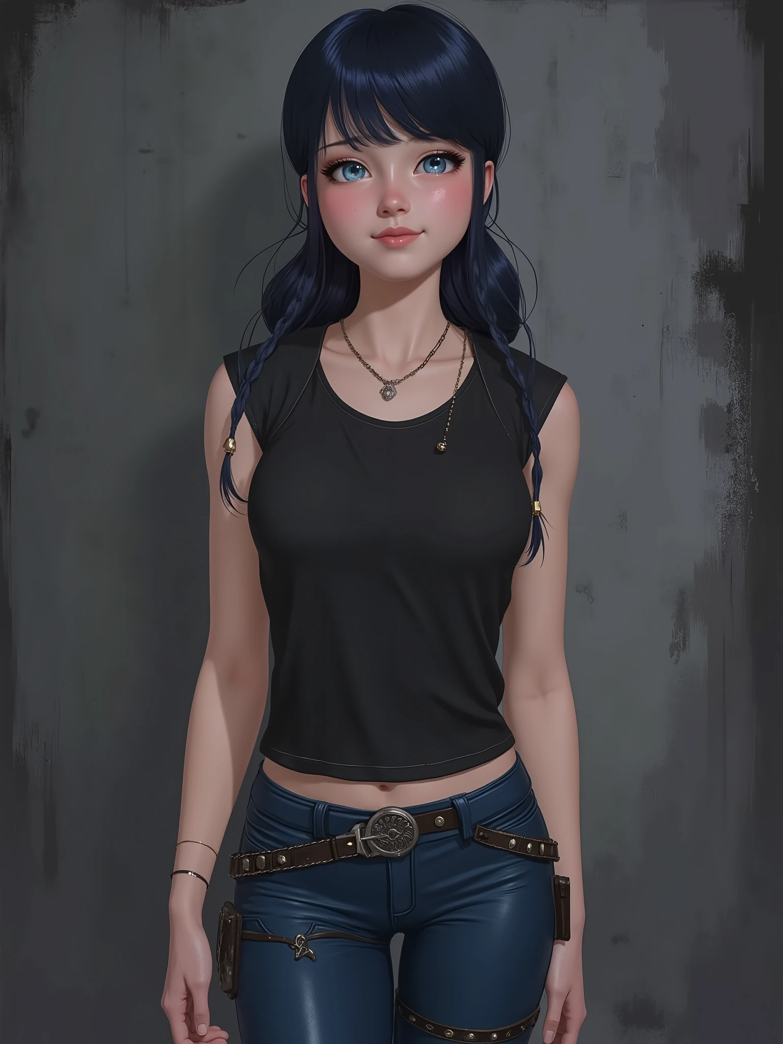 marinette Dopanchan, A very beautiful and cute 22 year old woman with a slight smile. (((Shy smile))), sharp focus on the face, (((Western eyes:1.5))), (((Extremely detailed ice-blue eyes, beautiful eyes, beautifully detailed eyes))), (((delicately detailed thin pink lips))), (((long hair, shiny hair))), (((black medieval steampunk style sleeveless t-shirt))), (((Dark Blue medieval steampunk style leather warrior pants))), (((full body view, dynamic pose, standing:1.5, graceful pose))), (((The background is Dark Gray and painted with expressive, visible textures using dynamic brushstrokes and strokes that add depth and movement. The paint covers only the area just behind the subject. The outer edges of the image with black margins, as if the background had been painted with a brush and with expressive and visible textures using dynamic brushstrokes and strokes fading toward the edges creating a modern and artistic vignette effect))). Cinematic lighting, soft depth of field, (((masterpiece/high resolution/Best Quality/top quality/high quality/UHD/16k quality))), sharp focus, no blur, film grain, bokeh.