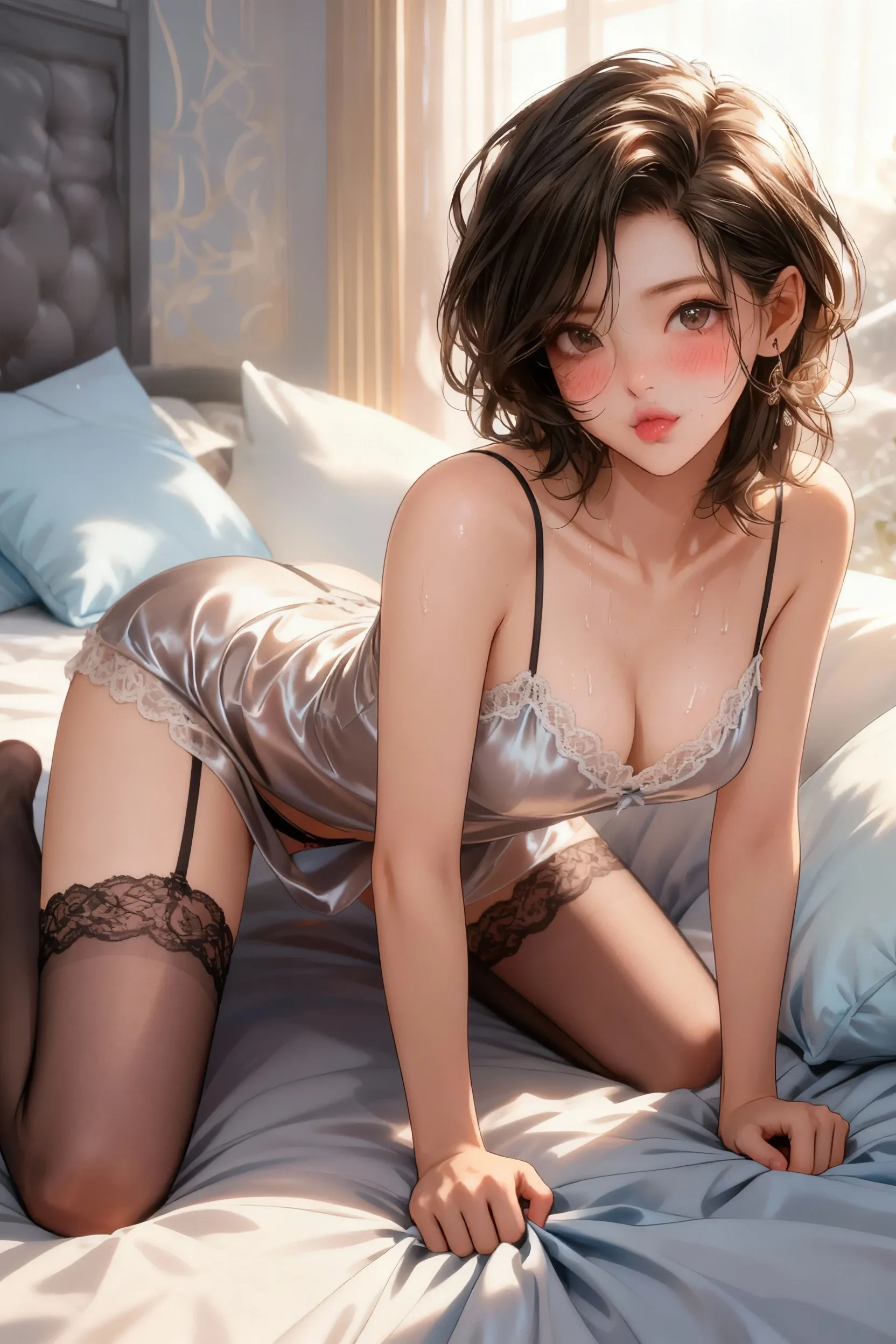 1girl in,A beautiful girl wearing a see-through nightgown plays with her ??????? and ??????.,boyish handsome girl,Very embarrassed look'looks like me'I'm about to cry,red blush,Teary-eyed,A dark-haired,Short hair undercut,Accurately drawn face,Rut,Sweaty skin,Slender but ???????????,erectile ??????,thighs thighs thighs thighs,Rub your own ????? or ??????,rub your feet together,Squatting in the ????????,Black see-through nightgown that shows skin,dog collar with chain around the neck,On a plush bed,​masterpiece,Best Quality,Functional,being forced to ??????????,erotick,