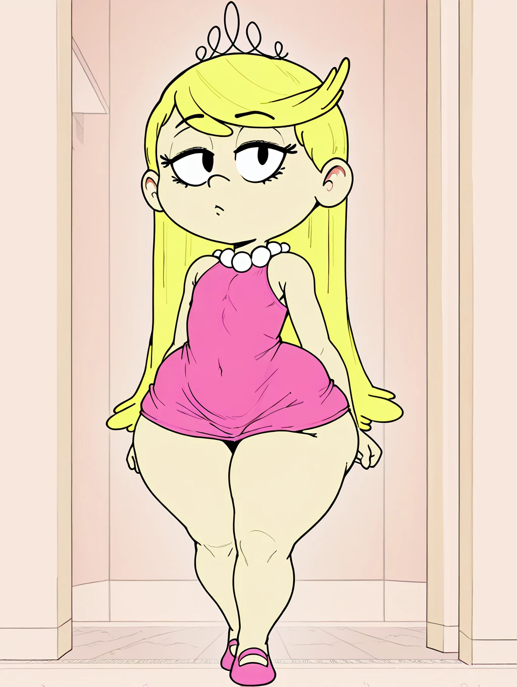 Lola loud, long hair, dress, pearl necklace, crown, pink eyes, full body, curvy arms, defined legs, beautiful (big ??????), (big ???), long socks, curvilinear legs, yellow hair, leg warmer of color white, 