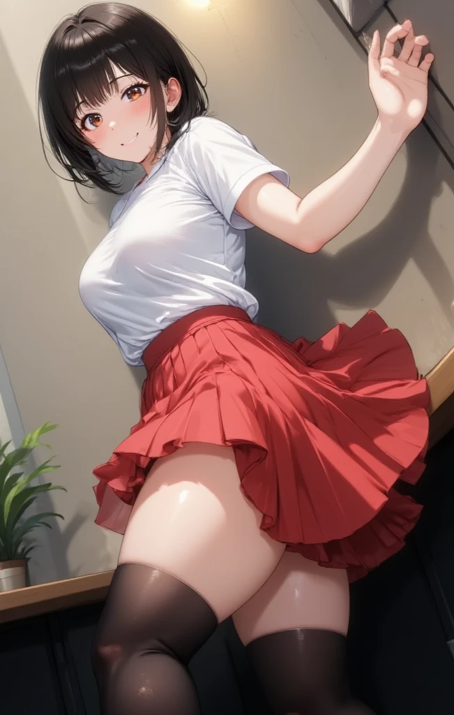 (masuter piece, Best Quality), , Black hair, , Petite, hi-school girl,cold-faced woman、 School uniform,、 up skirt, Lace pantie 、(I can see my panties:1.6)、, verandah,stand inside the balcony fence、Angle from downstairs、 （Cold expression:1.6),A look of contempt, Sunlight shines in, （Cold Face:1.8）,（Ultra-detailed panties:1.8）、(:1.５),