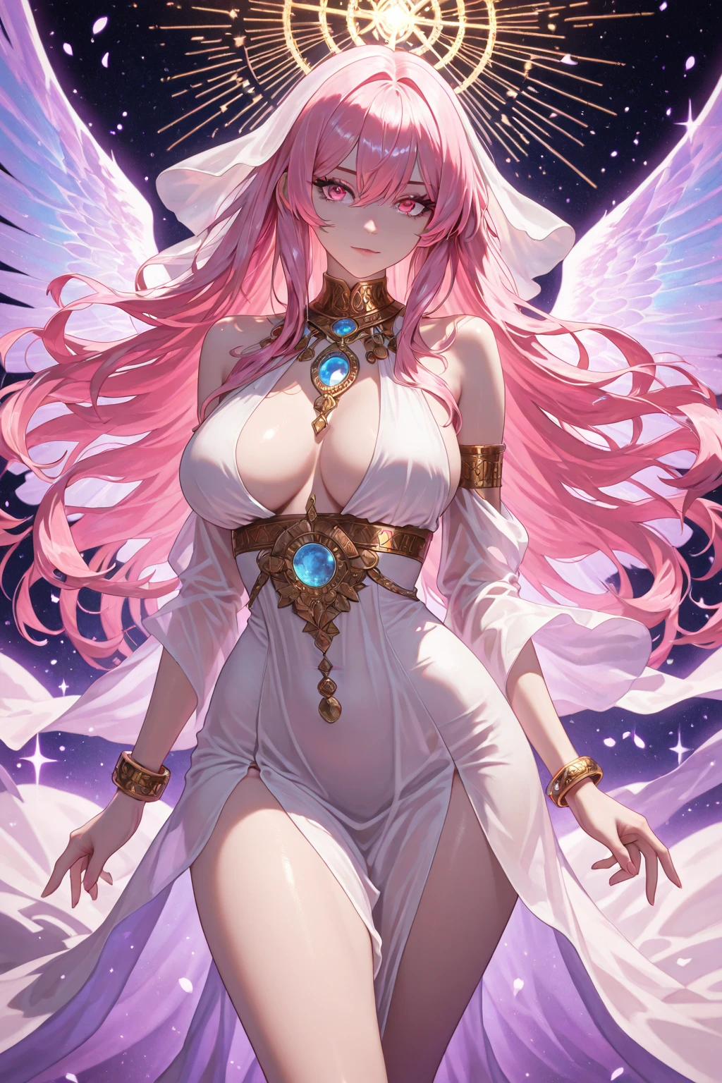 A masterpiece, very detailed, ultra-detailed, One, a female goddess, a beautiful woman, the most beautiful woman - pleasant skin, long hair, straight hair, bright pink hair and parting on the sides, bright pink eyes, thin pink dragon horns and pink Seraphim wings, and Greek women's clothing, with huge breasts(big), With a lush and soft body, bright bright hearts and an aura of love around her, she sits on a cloud