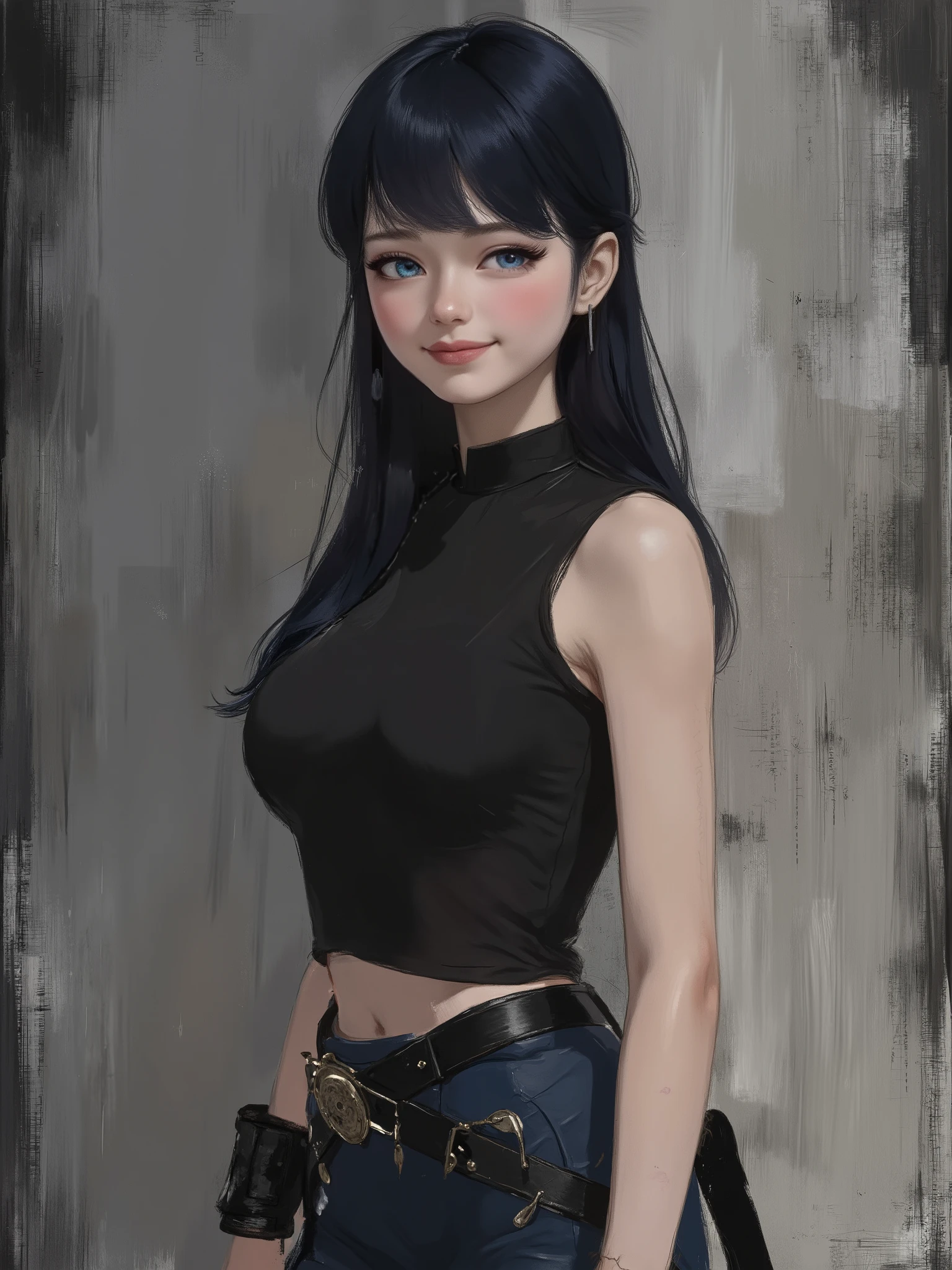 sketch painting, marinette Dopanchan, A very beautiful and cute 22 year old woman with a slight smile. (((Shy smile))), sharp focus on the face, (((Western eyes:1.5))), (((Extremely detailed ice-blue eyes, beautiful eyes, beautifully detailed eyes))), (((delicately detailed thin pink lips))), (((long hair, shiny hair))), (((black medieval steampunk style sleeveless t-shirt))), (((Dark Blue medieval steampunk style leather warrior pants))), (((full body view, dynamic pose, standing:1.5, graceful pose))), (((The background is Dark Gray and painted with expressive, visible textures using dynamic brushstrokes and strokes that add depth and movement. The paint covers only the area just behind the subject. The outer edges of the image with black margins, as if the background had been painted with a brush and with expressive and visible textures using dynamic brushstrokes and strokes fading toward the edges creating a modern and artistic vignette effect))). Cinematic lighting, soft depth of field, (((masterpiece/high resolution/Best Quality/top quality/high quality/UHD/16k quality))), sharp focus, no blur, film grain, bokeh.